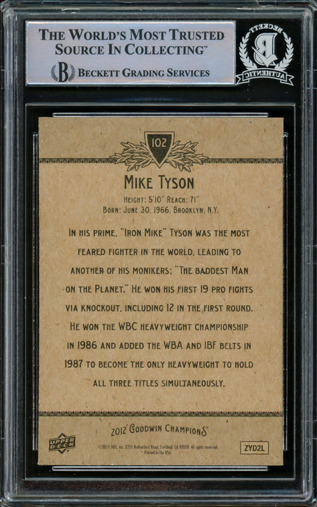 Mike Tyson Autographed 2012 Upper Deck Goodwin Champions Card #102 (Smudged) Beckett BAS #15500870