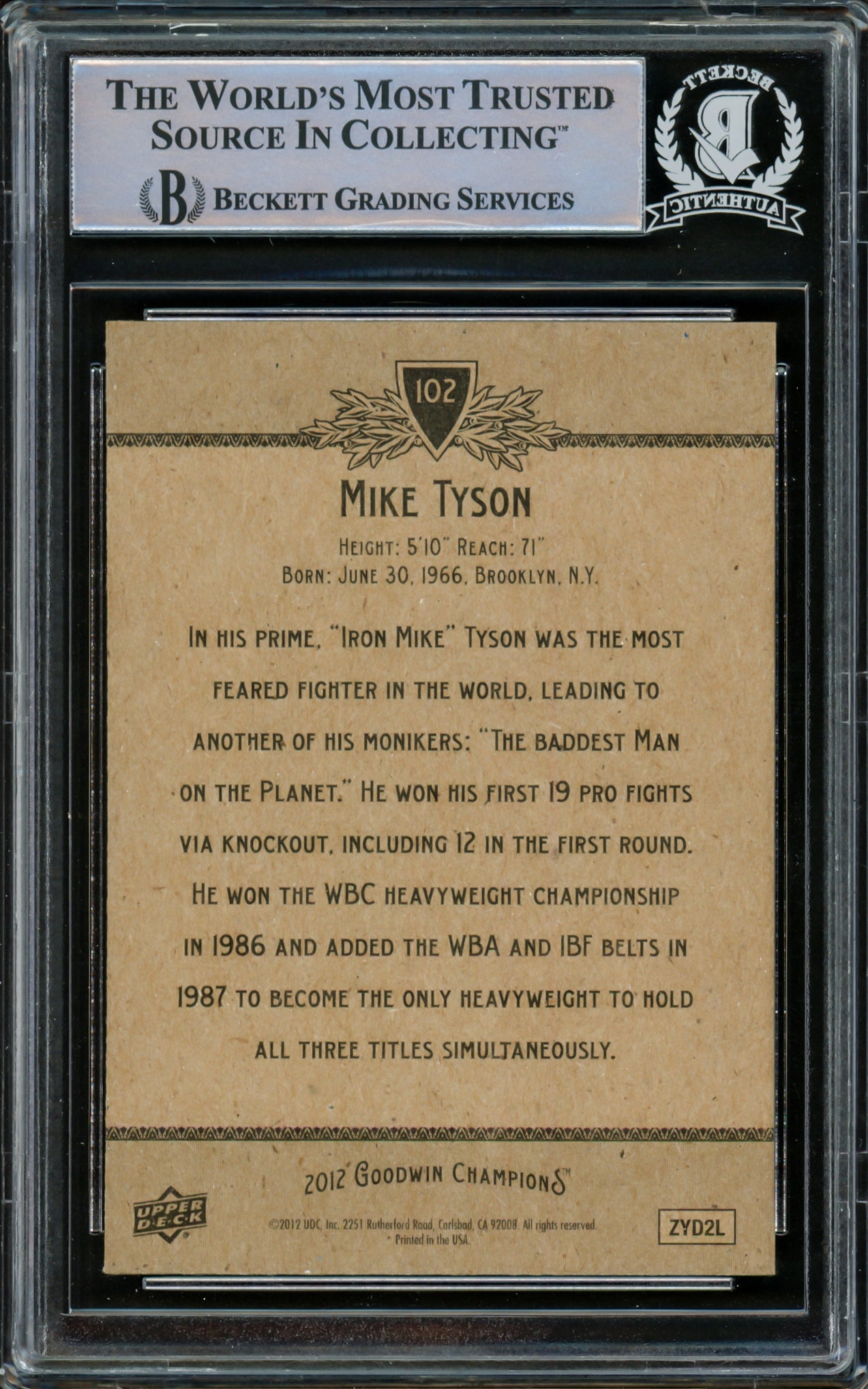 Mike Tyson Autographed 2012 Upper Deck Goodwin Champions Card #102 (Smudged) Beckett BAS #15500870
