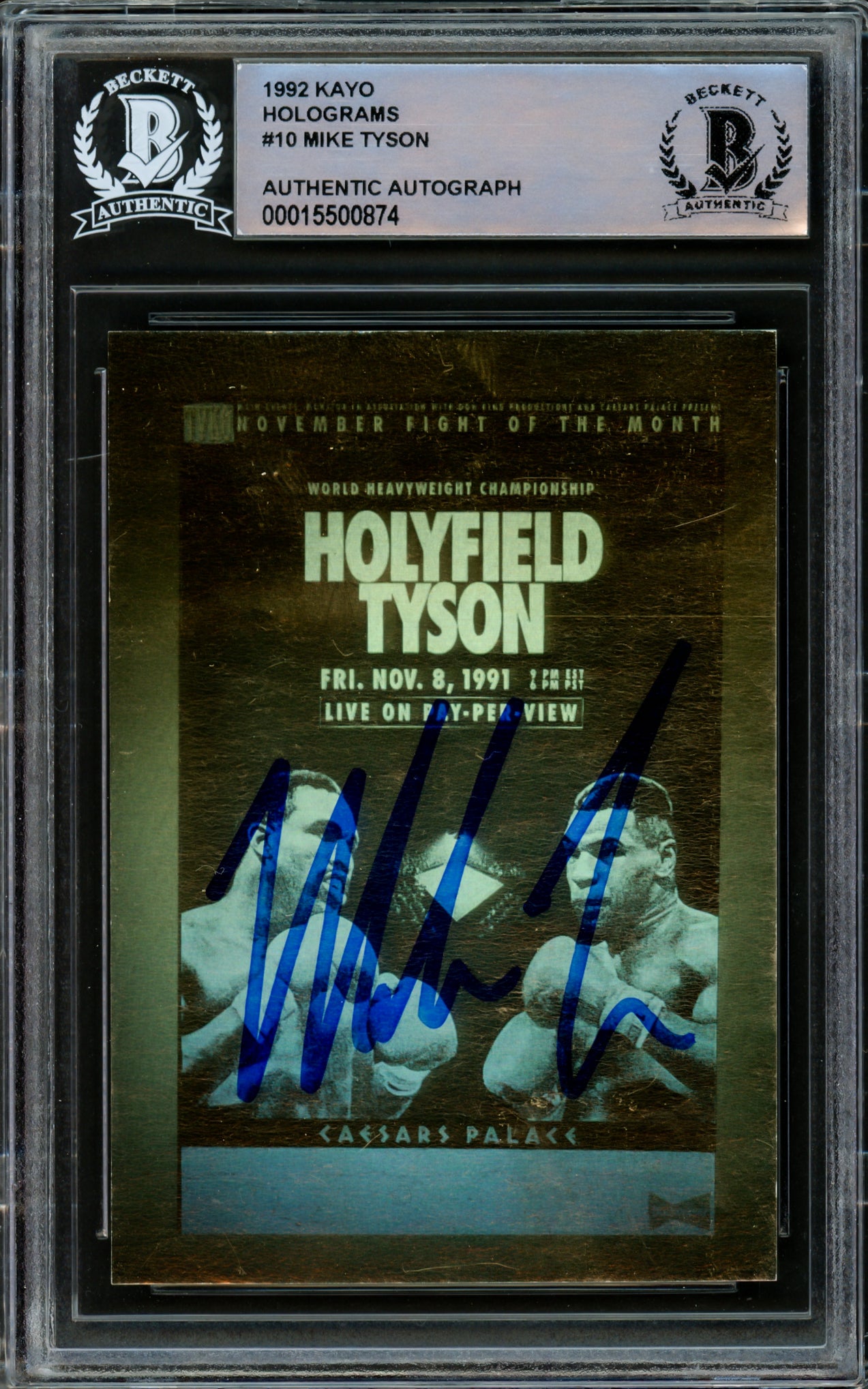 Mike Tyson Autographed 1992 Kayo Gold Hologram Card vs. Evander Holyfield Beckett BAS #15500874