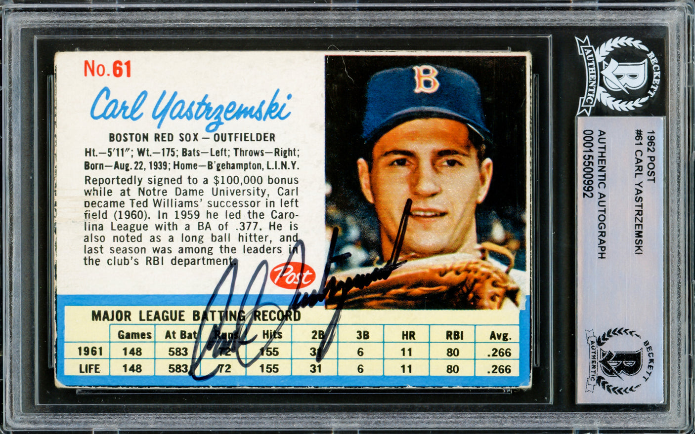 Carl Yastrzemski Autographed 1962 Post Cereal Card #61 Boston Red Sox Beckett BAS #15500992