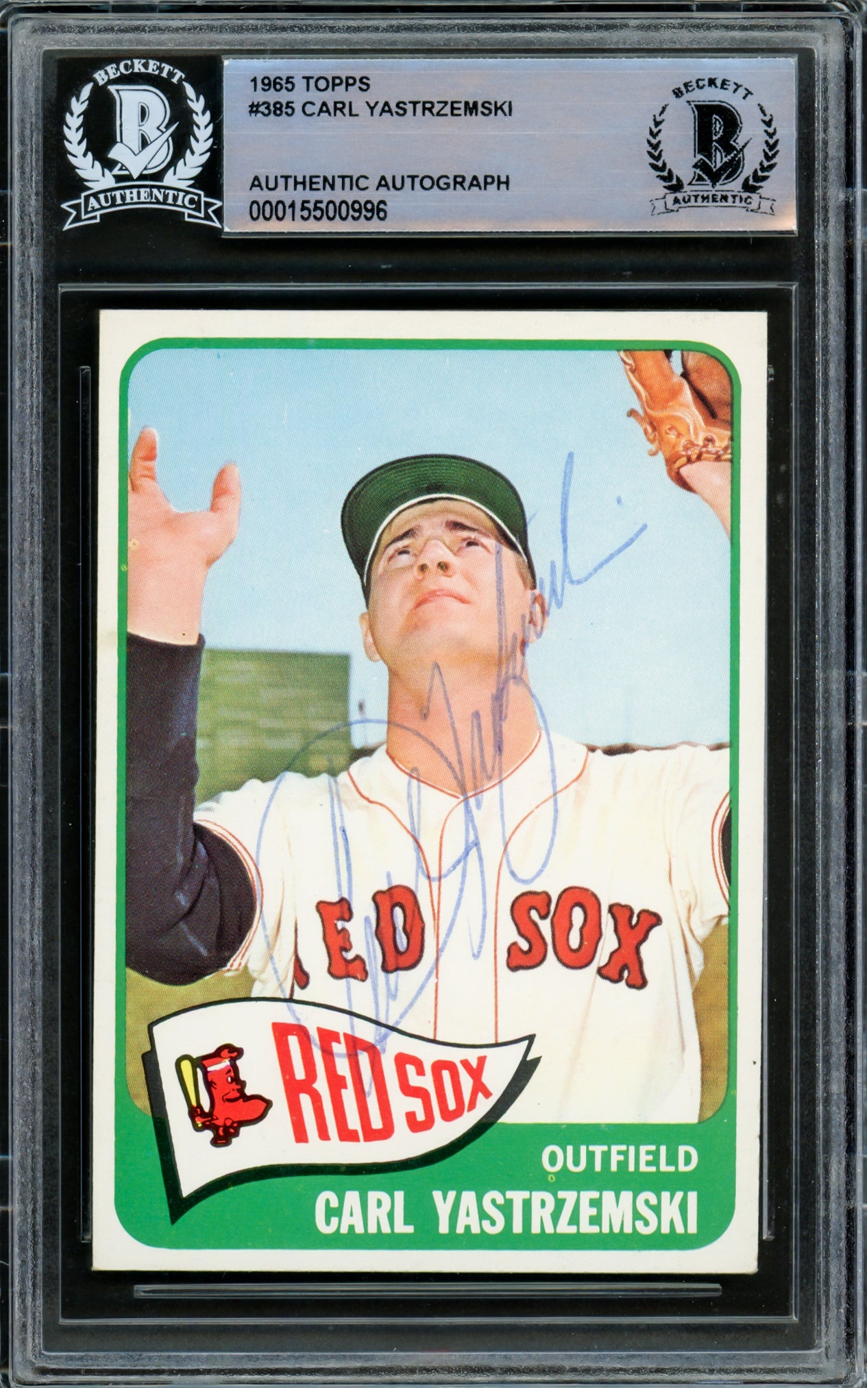 Carl Yastrzemski Autographed 1965 Topps Card #385 Boston Red Sox Vintage Signature Beckett BAS #15500996