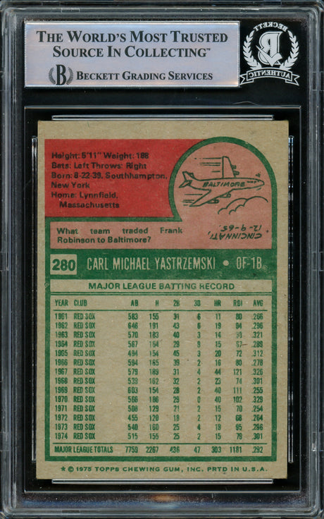 Carl Yastrzemski Autographed 1975 Topps Card #280 Boston Red Sox Beckett BAS #15501006