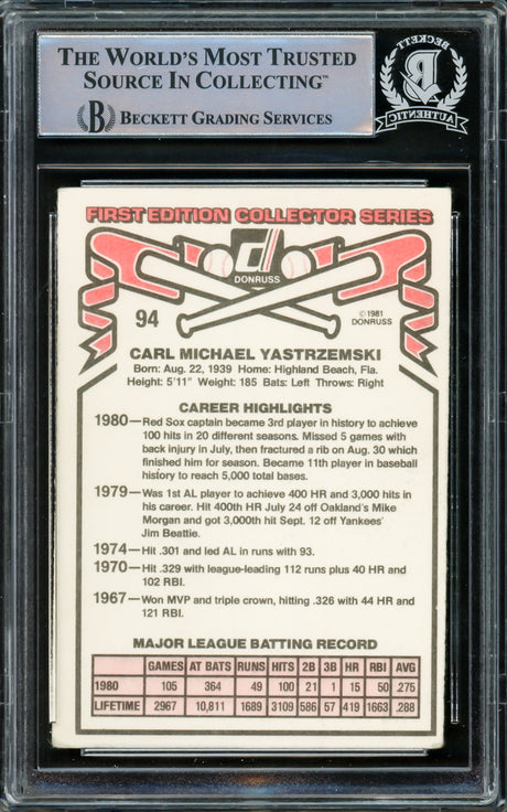 Carl Yastrzemski Autographed 1981 Donruss Card #94 Boston Red Sox Beckett BAS #15501013