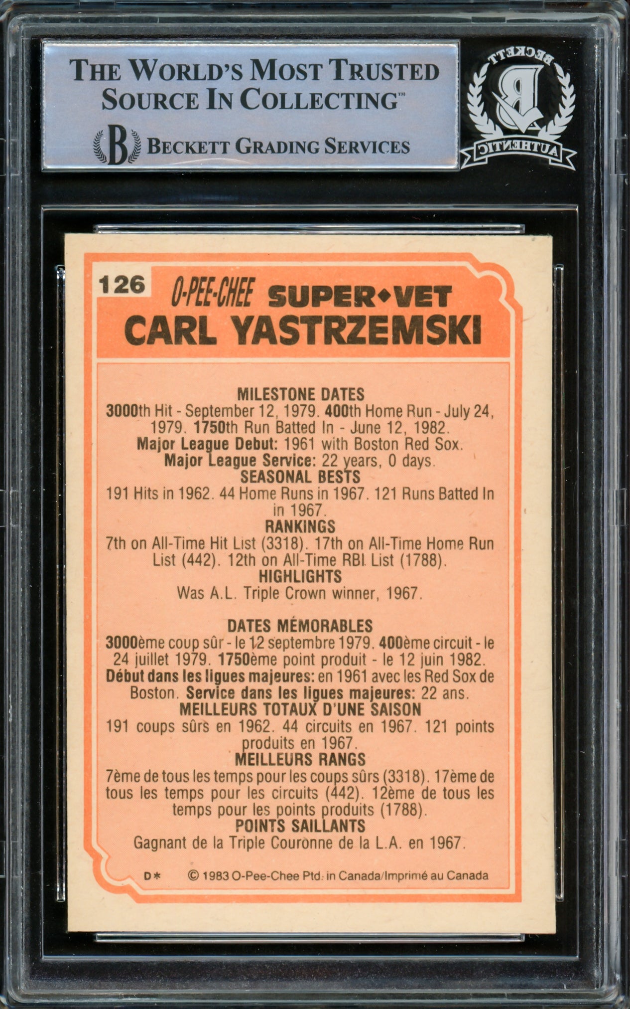 Carl Yastrzemski Autographed 1983 O-Pee-Chee Card #126 Boston Red Sox Beckett BAS #15501021