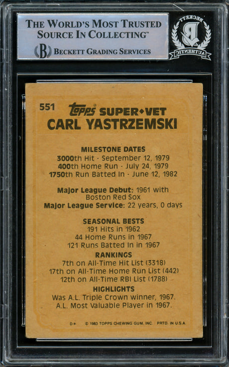 Carl Yastrzemski Autographed 1983 Topps Card #551 Boston Red Sox Beckett BAS #15501024
