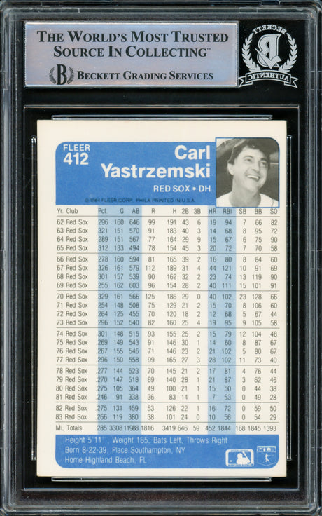 Carl Yastrzemski Autographed 1984 Fleer Card #412 Boston Red Sox Beckett BAS #15501026