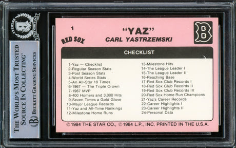 Carl Yastrzemski Autographed 1984 Star Card #1 Boston Red Sox Beckett BAS #15501027