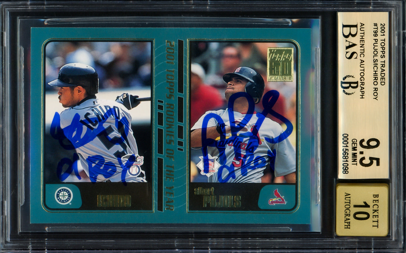 Albert Pujols & Ichiro Suzuki Autographed 2001 Topps Traded Rookie Card #T99 BGS 9.5 Auto Grade Gem Mint 10 "01 ROY" Highest Graded Beckett BAS #15681098