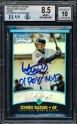 Ichiro Suzuki Autographed 2001 Bowman Chrome Refractor Japanese Rookie Card #351 Seattle Mariners BGS 8.5 Auto Grade Gem Mint 10 "01 ROY/MVP" Beckett BAS #15681688