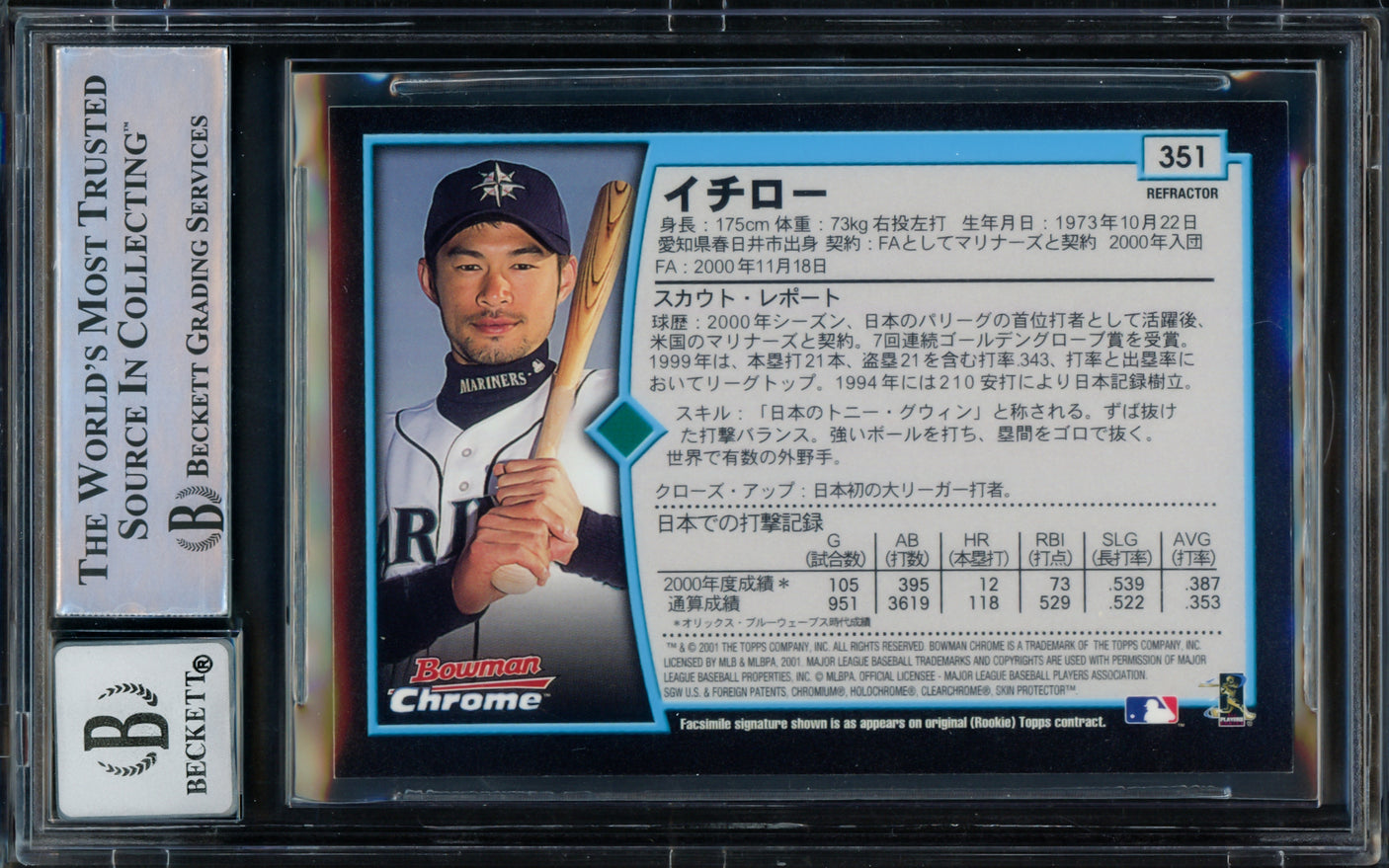 Ichiro Suzuki Autographed 2001 Bowman Chrome Refractor Japanese Rookie Card #351 Seattle Mariners Auto Grade Gem Mint 10 "01 ROY/MVP" Beckett BAS #15682135