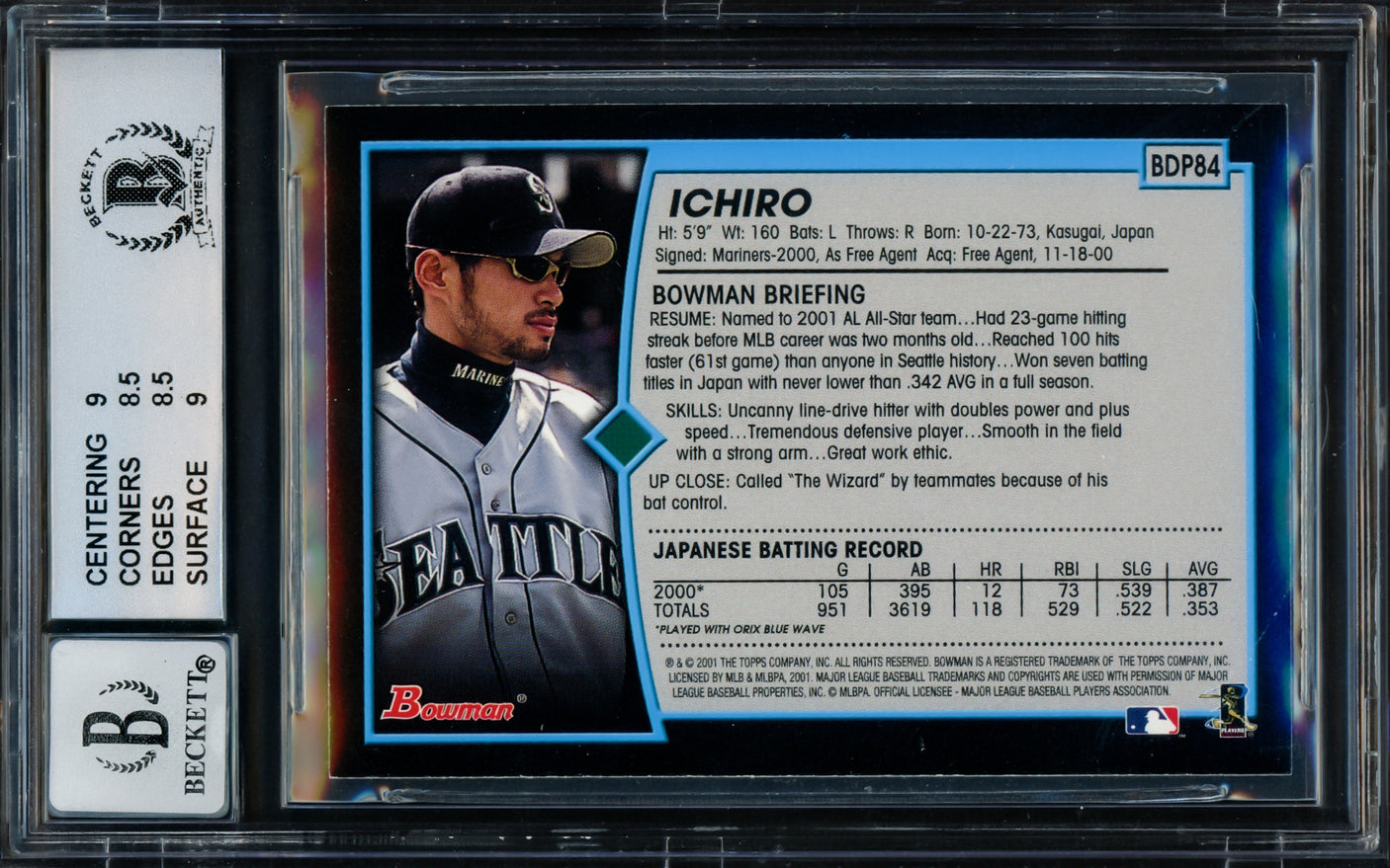 Ichiro Suzuki Autographed 2001 Bowman Draft Picks Rookie Card #BDP84 Seattle Mariners BGS 8.5 Auto Grade Gem Mint 10 Beckett BAS Stock #216428