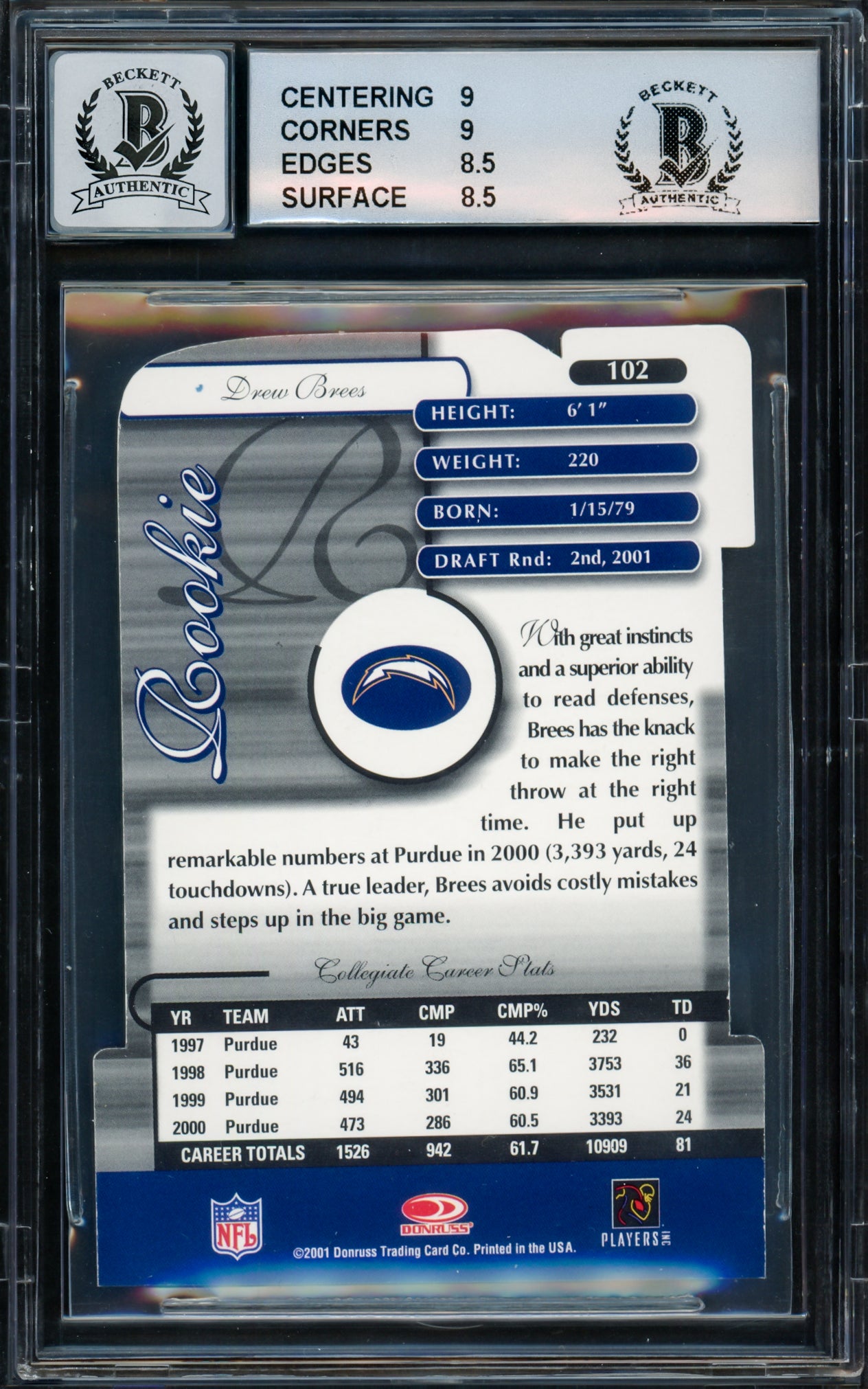 Drew Brees Autographed 2001 Donruss Elite Aspirations Rookie Card #102 San Diego Chargers BGS 8.5 Auto Grade Gem Mint 10 #77/85 Beckett BAS #15681813