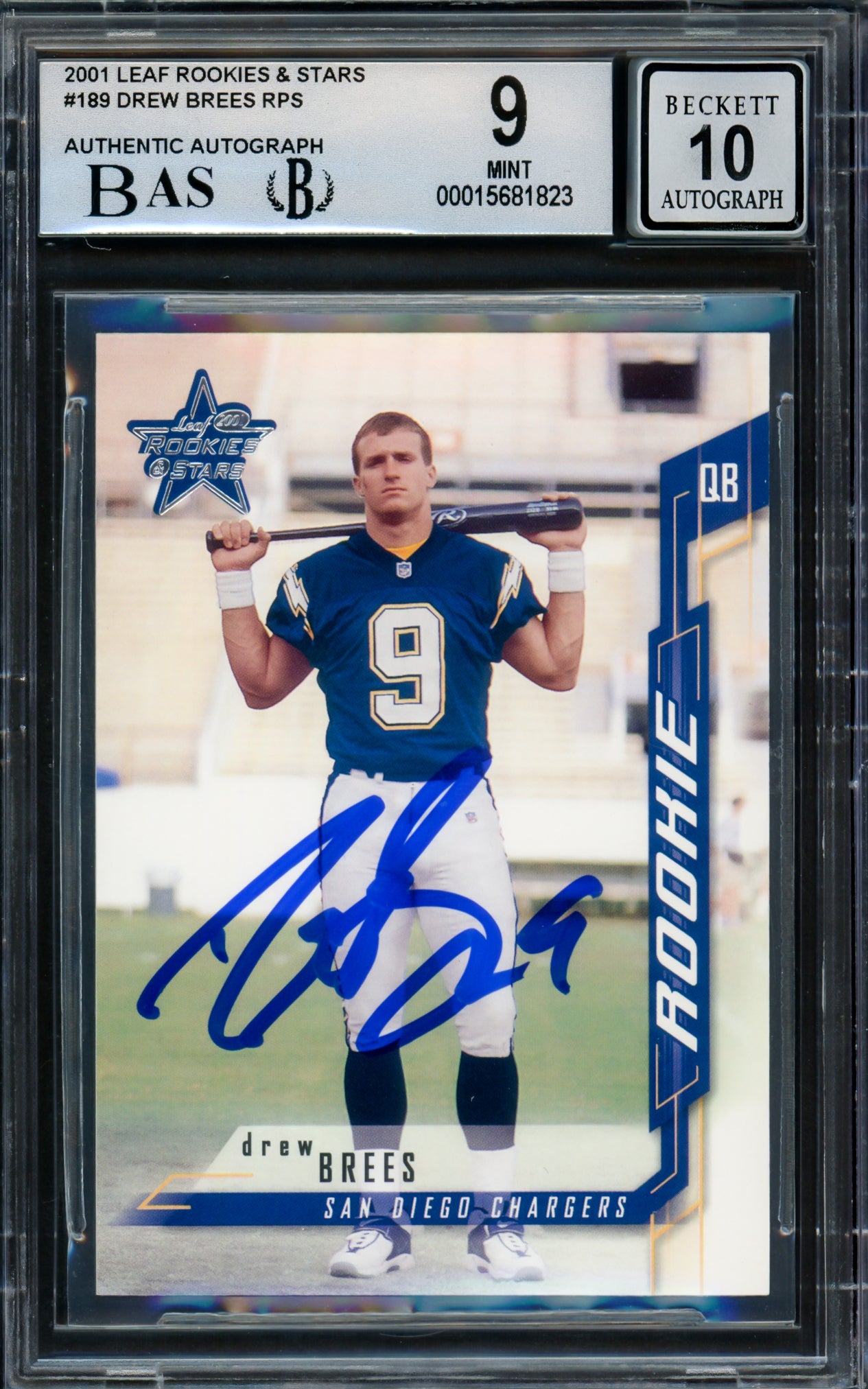 Drew Brees Autographed 2001 Leaf Rookies & Stars Rookie Card #189 San Diego Chargers BGS 9 Auto Grade Gem Mint 10 Beckett BAS #15681823