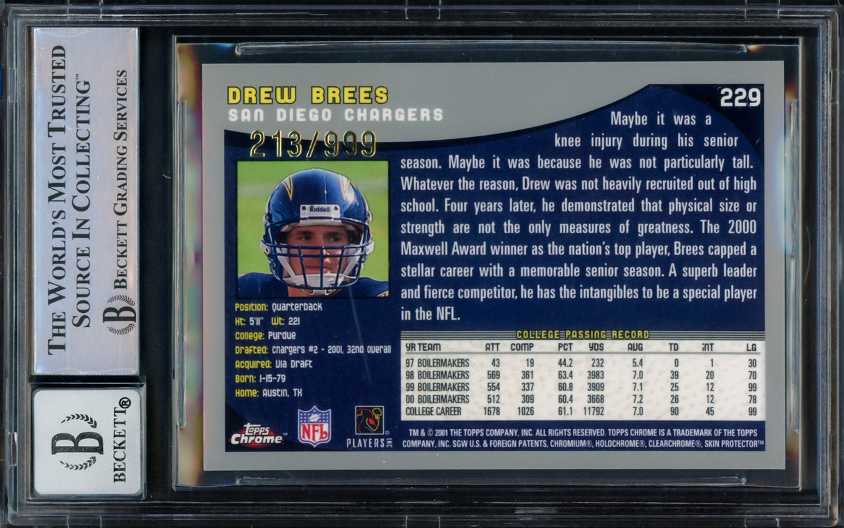 Drew Brees Autographed 2001 Topps Chrome Refractor Rookie Card #229 San Diego Chargers Auto Grade Gem Mint 10 #213/999 Beckett BAS #15682146