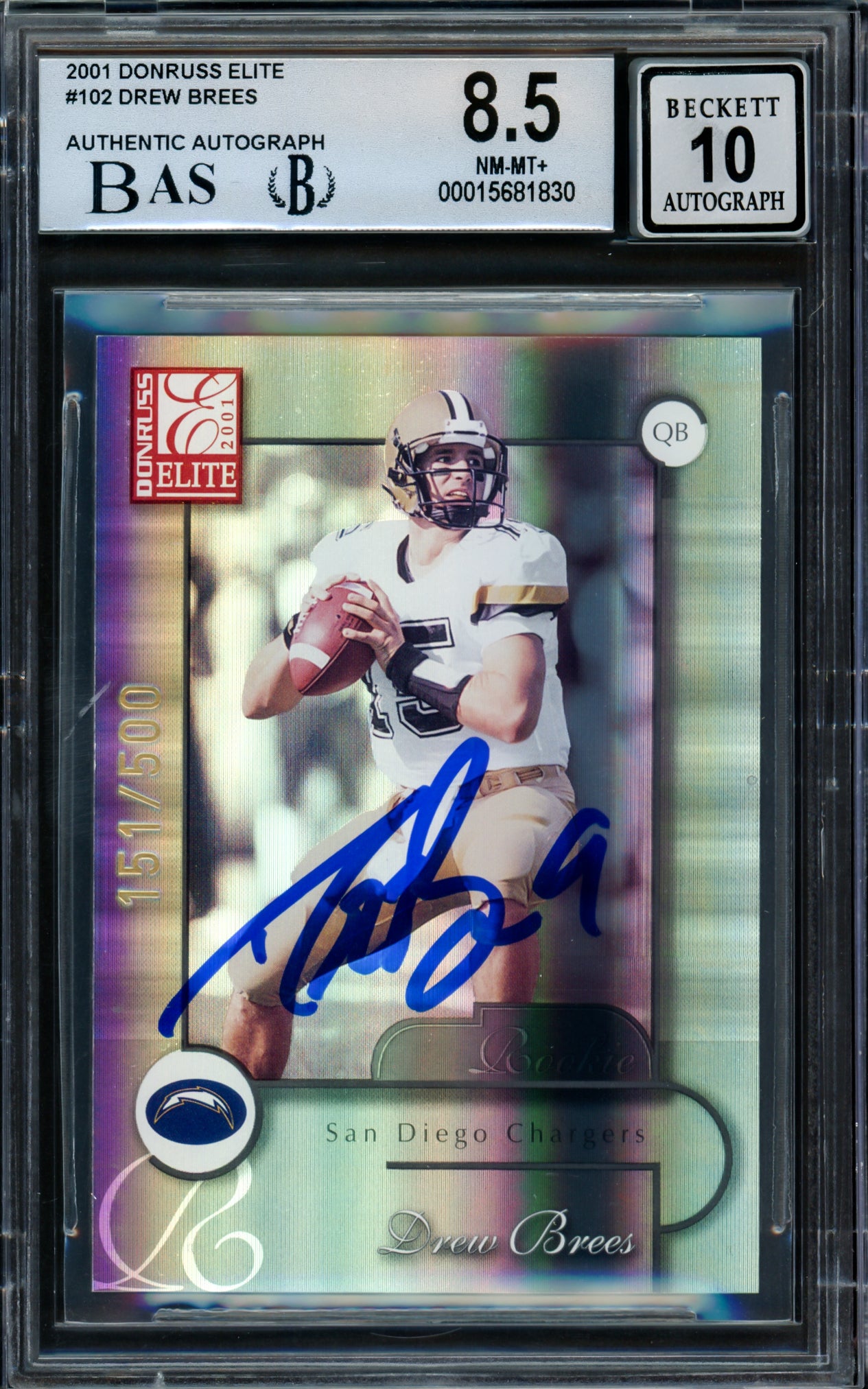 Drew Brees Autographed 2001 Donruss Elite Rookie Card #102 San Diego Chargers BGS 8.5 Auto Grade Gem Mint 10 #151/500 Beckett BAS #15681830