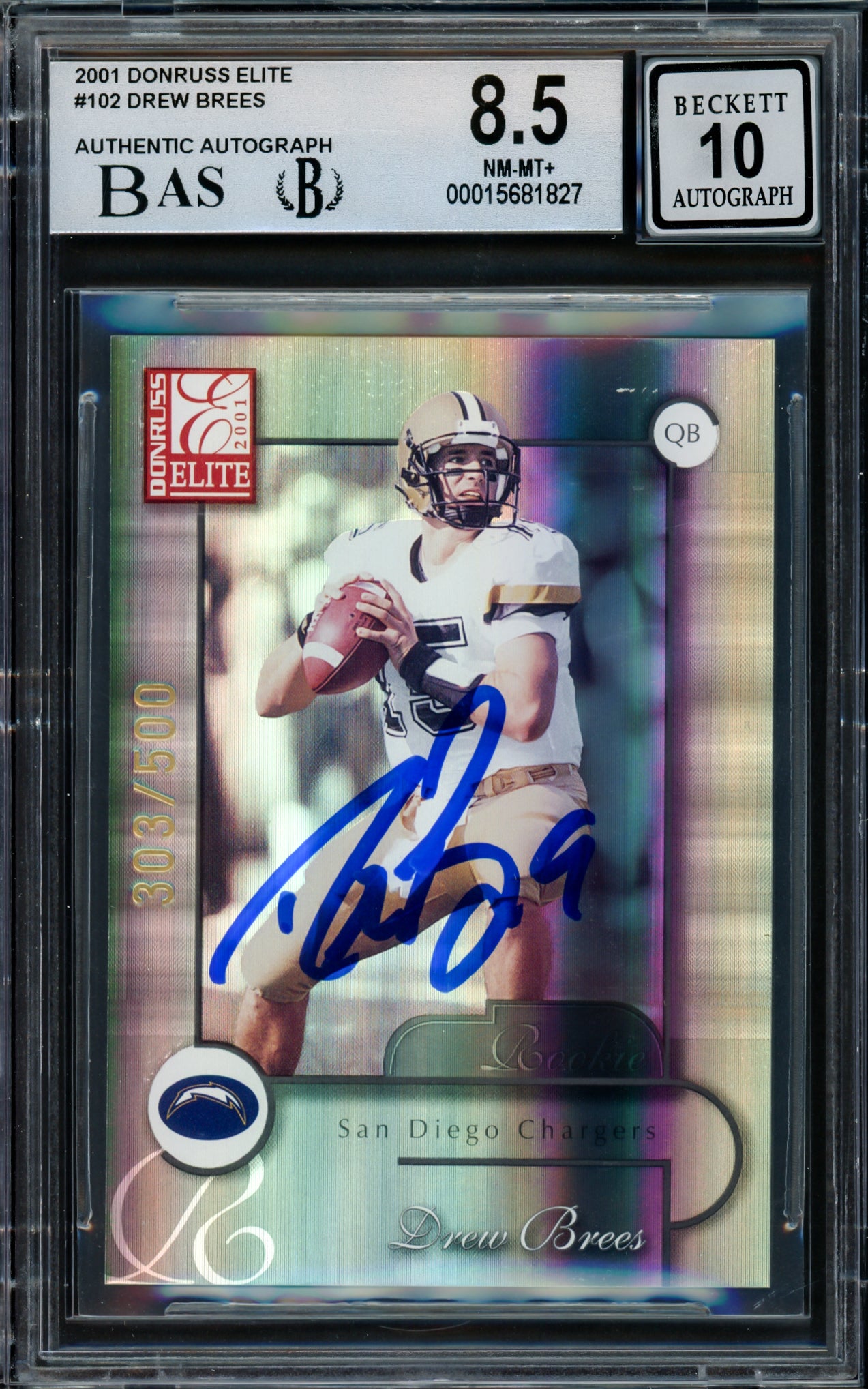 Drew Brees Autographed 2001 Donruss Elite Rookie Card #102 San Diego Chargers BGS 8.5 Auto Grade Gem Mint 10 #303/500 Beckett BAS #15681827