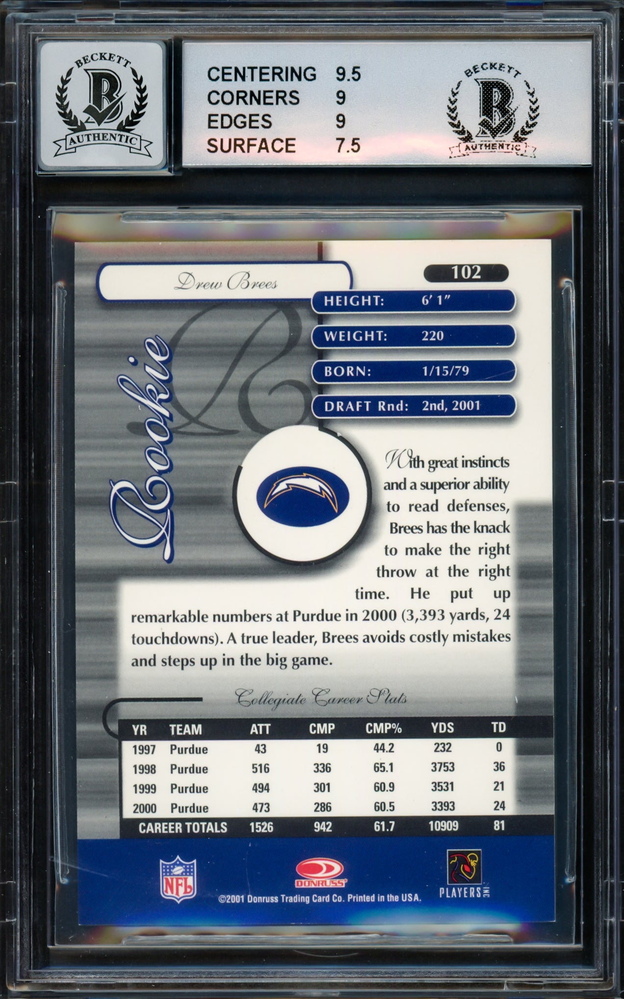 Drew Brees Autographed 2001 Donruss Elite Rookie Card #102 San Diego Chargers BGS 8.5 Auto Grade Gem Mint 10 #303/500 Beckett BAS #15681827
