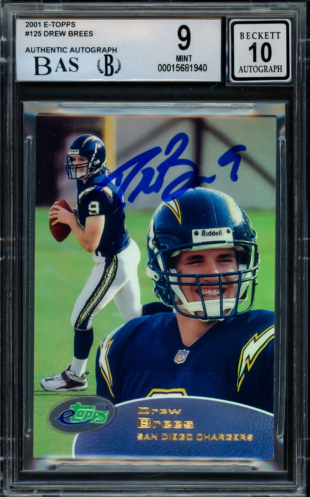 Drew Brees Autographed 2001 eTopps Rookie Card #125 San Diego Chargers BGS 9 Auto Grade Gem Mint 10 Beckett BAS #15681940