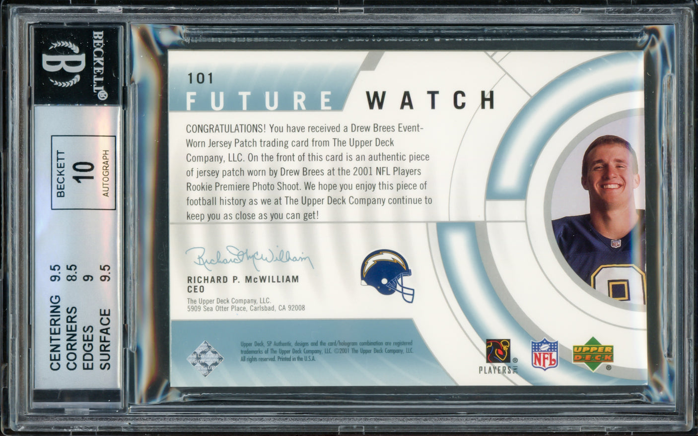 Drew Brees Autographed 2001 Upper Deck SP Authentic Rookie Card #101 San Diego Chargers BGS 9 Auto Grade Gem Mint 10 Jersey Patch #127/800 Beckett BAS #15681986