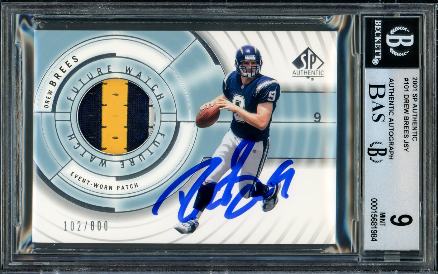 Drew Brees Autographed 2001 Upper Deck SP Authentic Rookie Card #101 San Diego Chargers BGS 9 Auto Grade Gem Mint 10 Jersey Patch #102/800 Beckett BAS #15681984