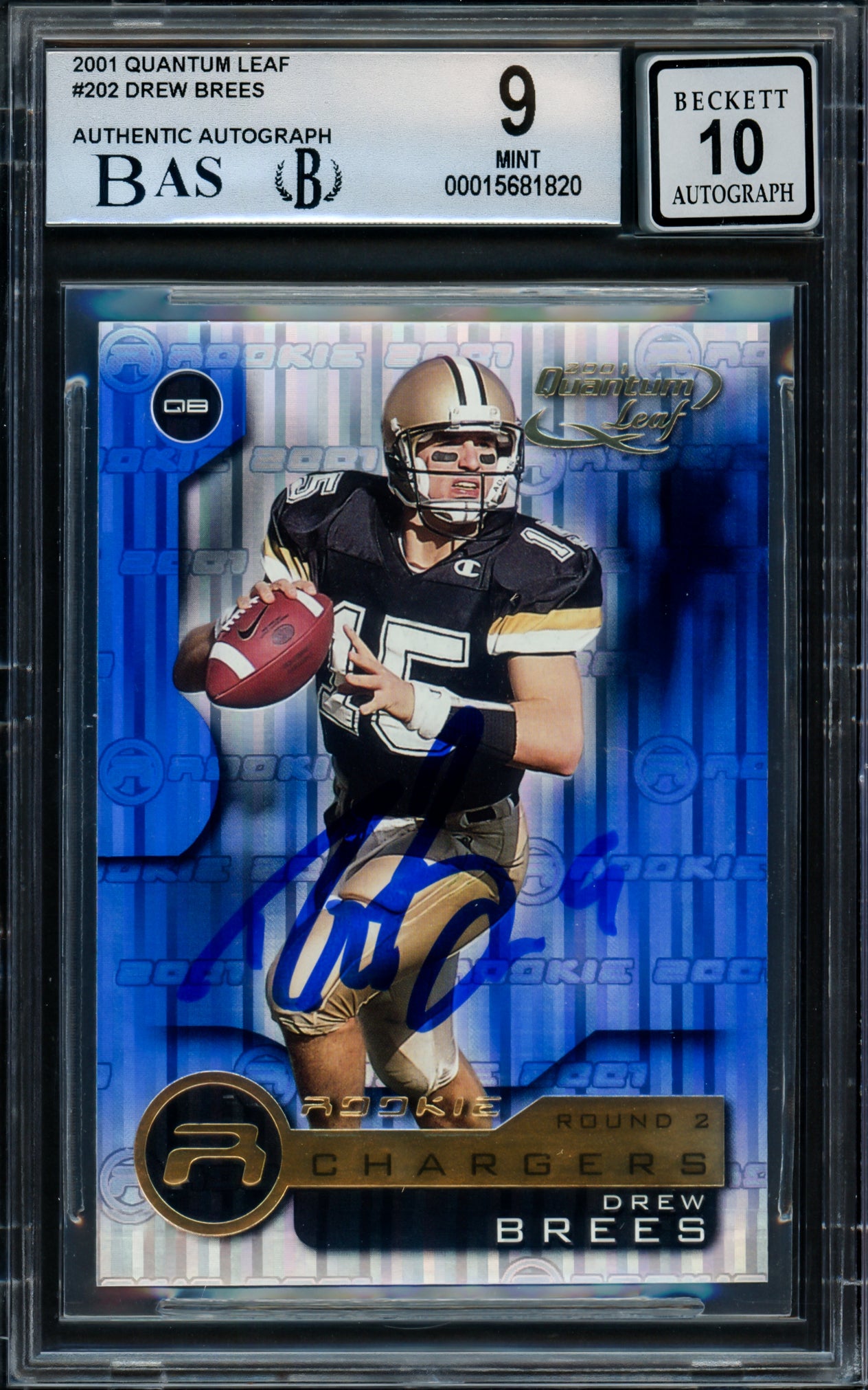 Drew Brees Autographed 2001 Quantum Leaf Rookie Card #202 San Diego Chargers BGS 9 Auto Grade Gem Mint 10 Beckett BAS #15681820