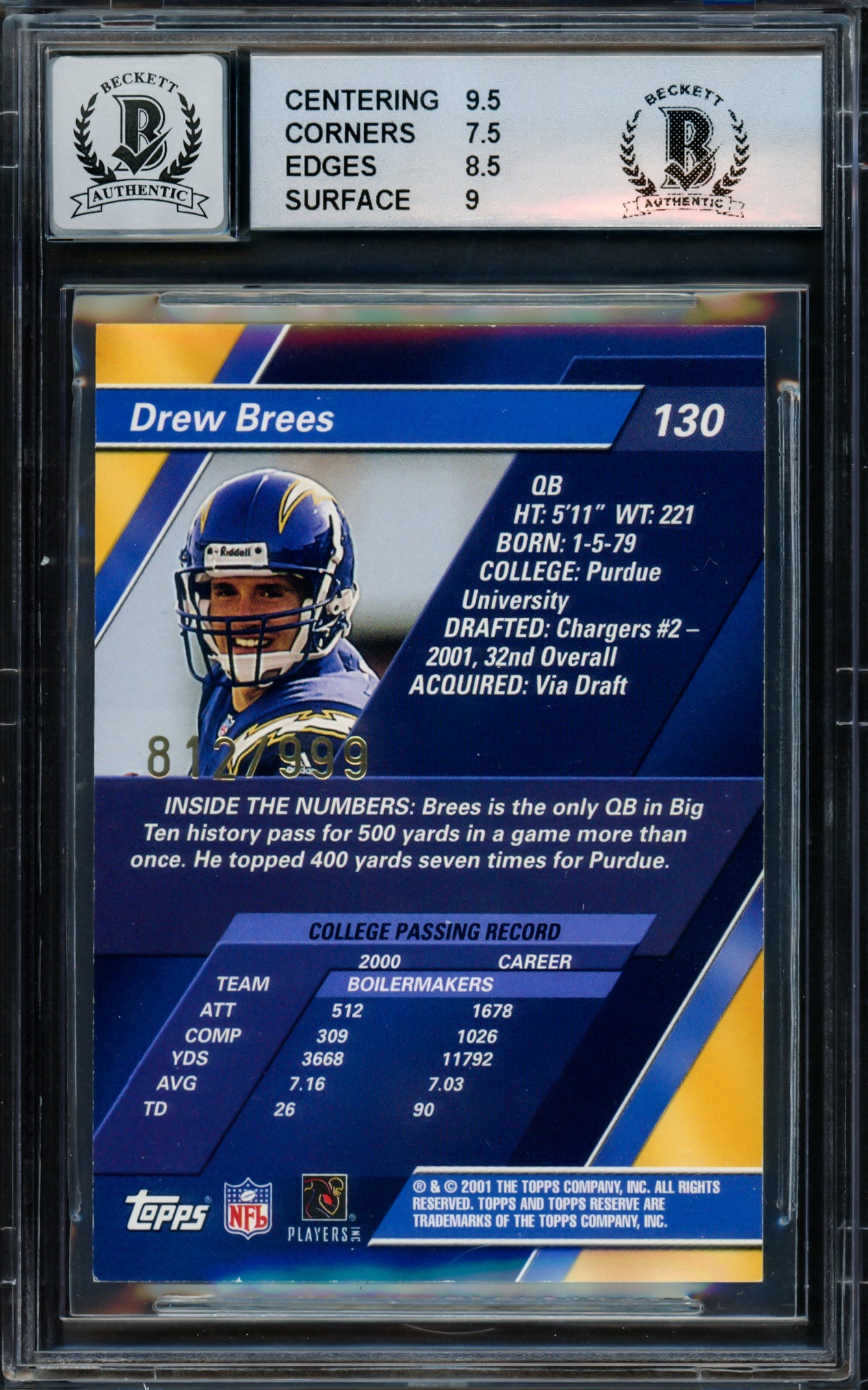 Drew Brees Autographed 2001 Topps Reserve Rookie Card #130 San Diego Chargers BGS 8 Auto Grade Gem Mint 10 #812/999 Beckett BAS #15681818