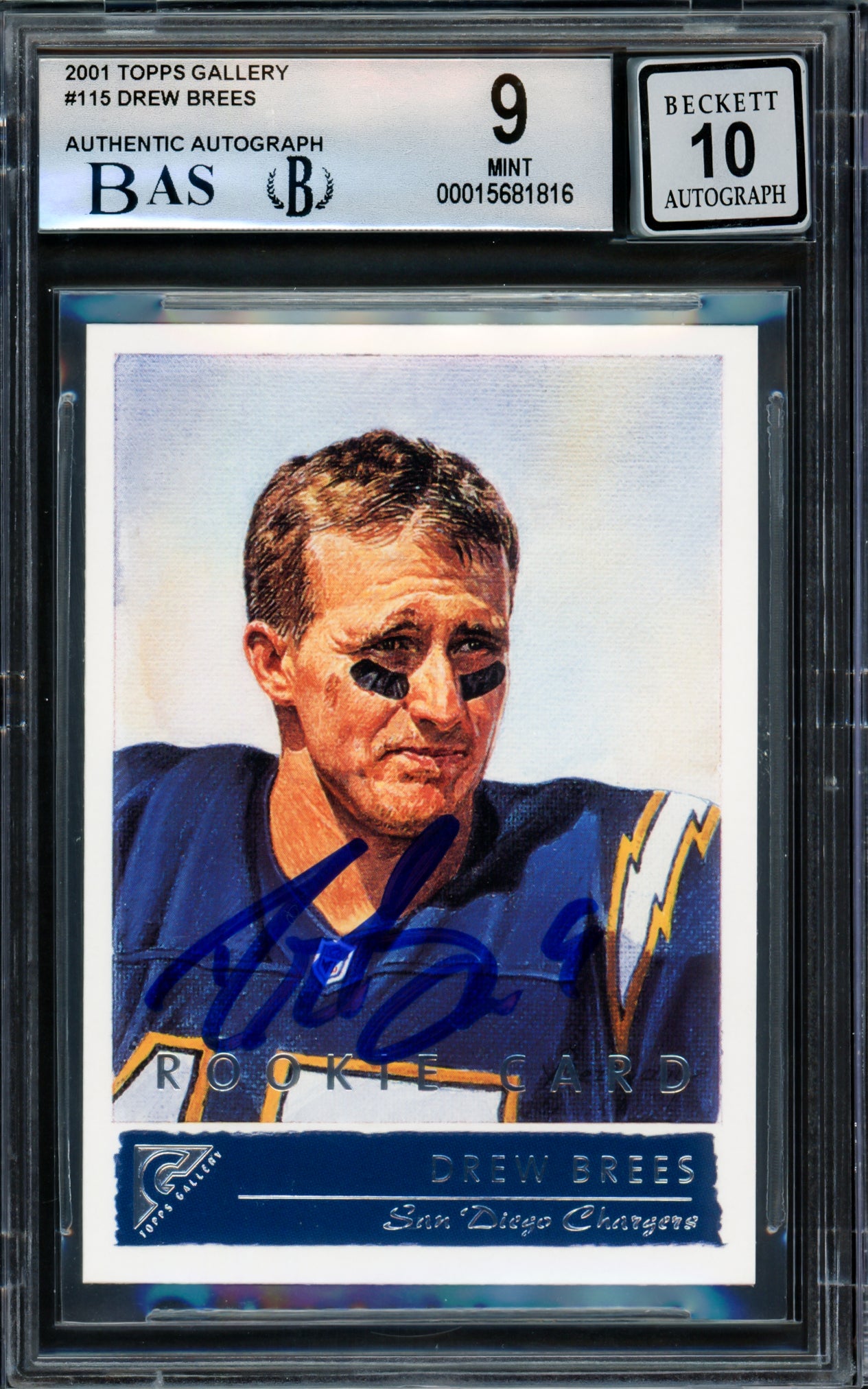 Drew Brees Autographed 2001 Topps Gallery Rookie Card #115 San Diego Chargers BGS 9 Auto Grade Gem Mint 10 Beckett BAS #15681816
