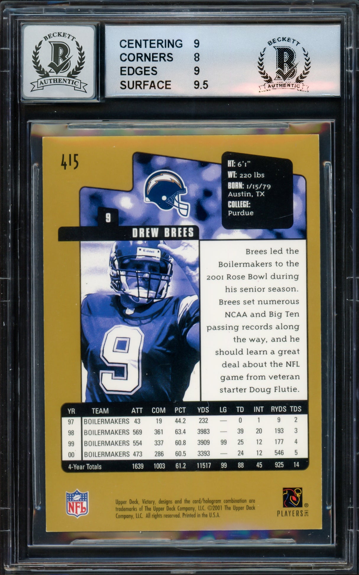 Drew Brees Autographed 2001 Upper Deck Victory Gold Rookie Card #415 San Diego Chargers BGS 8.5 Auto Grade Gem Mint 10 Beckett BAS #15681814