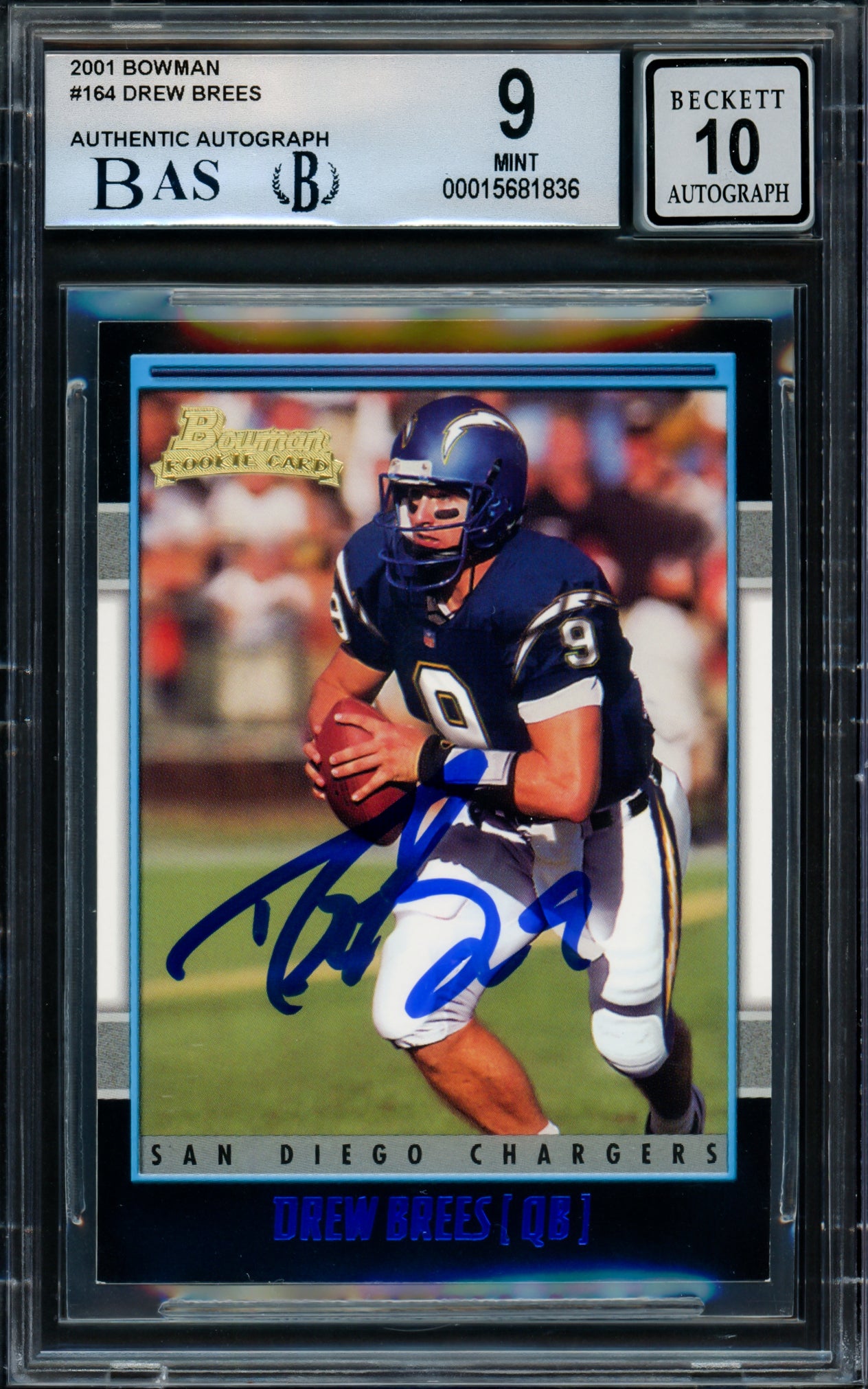 Drew Brees Autographed 2001 Bowman Rookie Card #164 San Diego Chargers BGS 9 Auto Grade Gem Mint 10 Beckett BAS #15681836