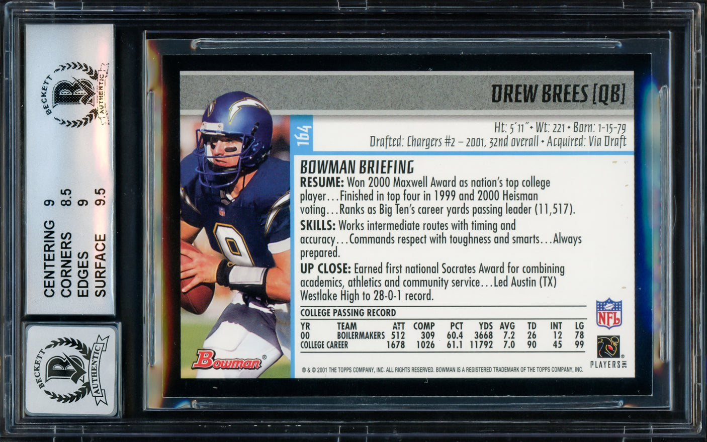 Drew Brees Autographed 2001 Bowman Rookie Card #164 San Diego Chargers BGS 9 Auto Grade Gem Mint 10 Beckett BAS #15681836