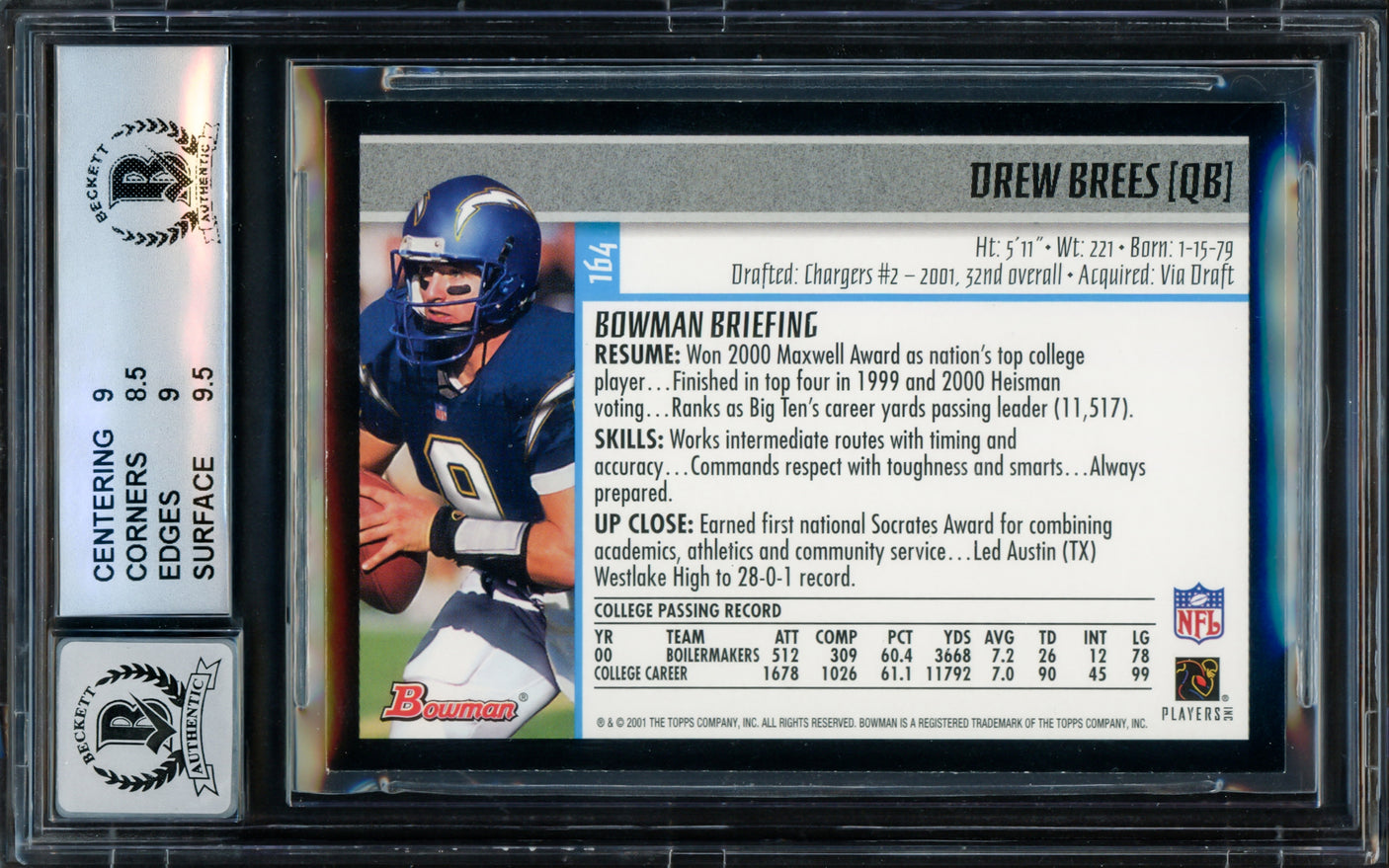 Drew Brees Autographed 2001 Bowman Rookie Card #164 San Diego Chargers BGS 9 Auto Grade Gem Mint 10 Beckett BAS #15681834