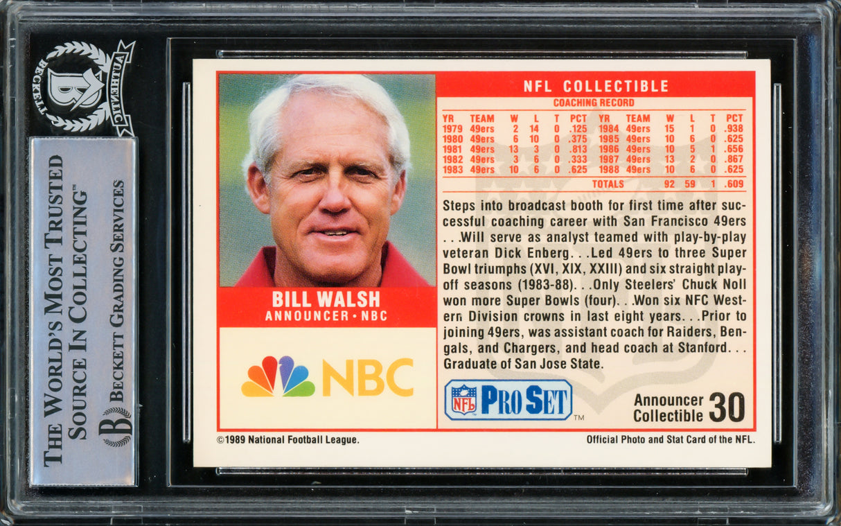 Bill Walsh Autographed 1989 Pro Set Rookie Card #30 San Francisco 49ers Beckett BAS #15500901