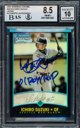 Ichiro Suzuki Autographed 2001 Bowman Chrome Refractor Japanese Rookie Card #351B Seattle Mariners BGS 8.5 Auto Grade Gem Mint 10 "01 ROY/MVP" Beckett BAS #15681693