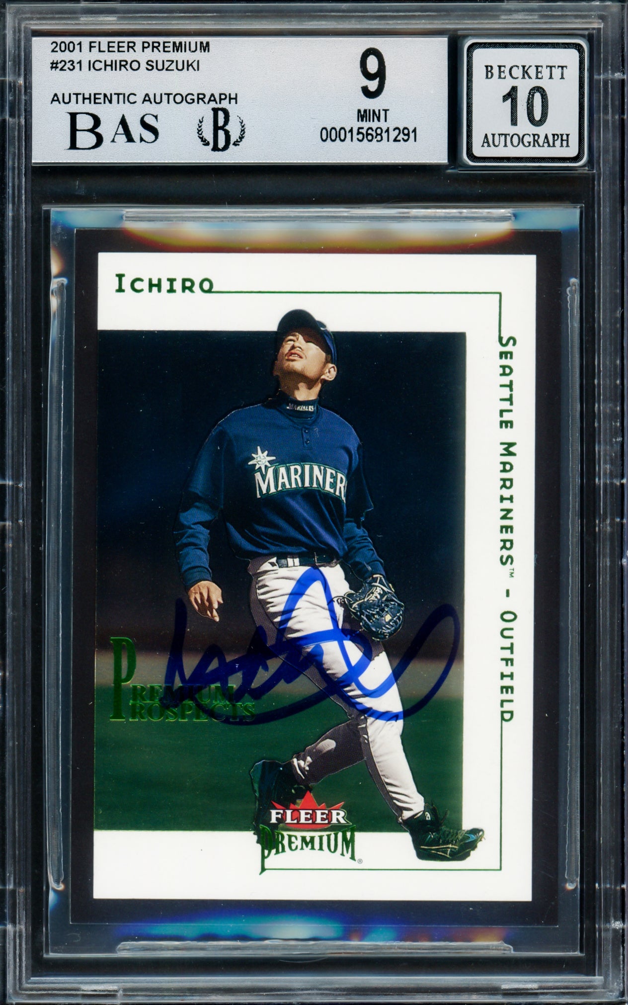 Ichiro Suzuki Autographed 2001 Fleer Premium Rookie Card #231 Seattle Mariners BGS 9 Auto Grade Gem Mint 10 #1137/1999 Beckett BAS #15681291