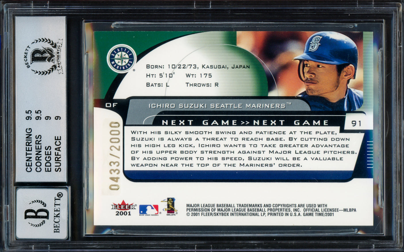 Ichiro Suzuki Autographed 2001 Fleer Game Time Rookie Card #91 Seattle Mariners BGS 9 Auto Grade Gem Mint 10 #433/2000 Beckett BAS #15681279