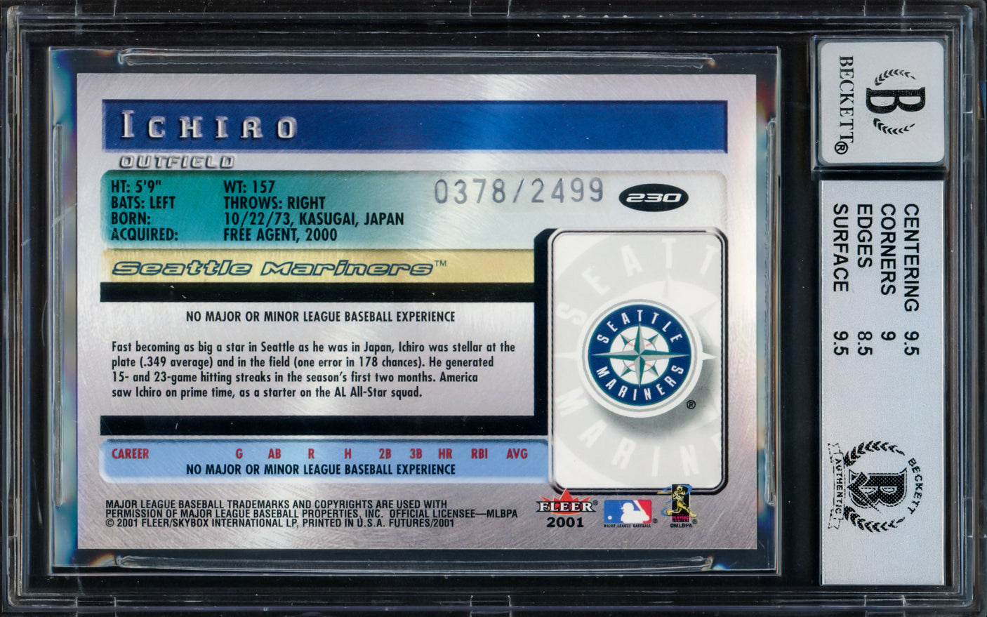 Ichiro Suzuki Autographed 2001 Fleer Futures Rookie Card #230 Seattle Mariners BGS 9 Auto Grade Gem Mint 10 #378/2499 Beckett BAS #15681280