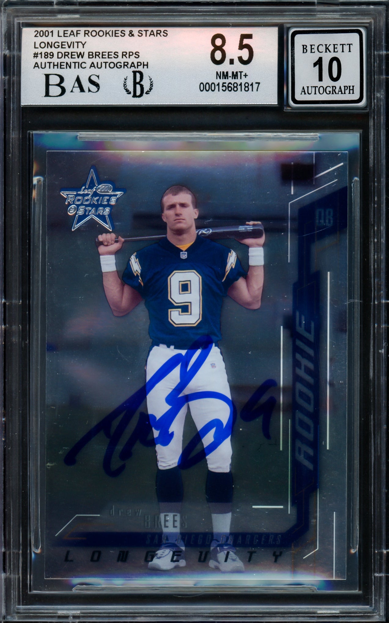 Drew Brees Autographed 2001 Leaf Rookies & Stars Longevity Rookie Card #189 San Diego Chargers BGS 8.5 Auto Grade Gem Mint 10 #11/25 Beckett BAS #15681817