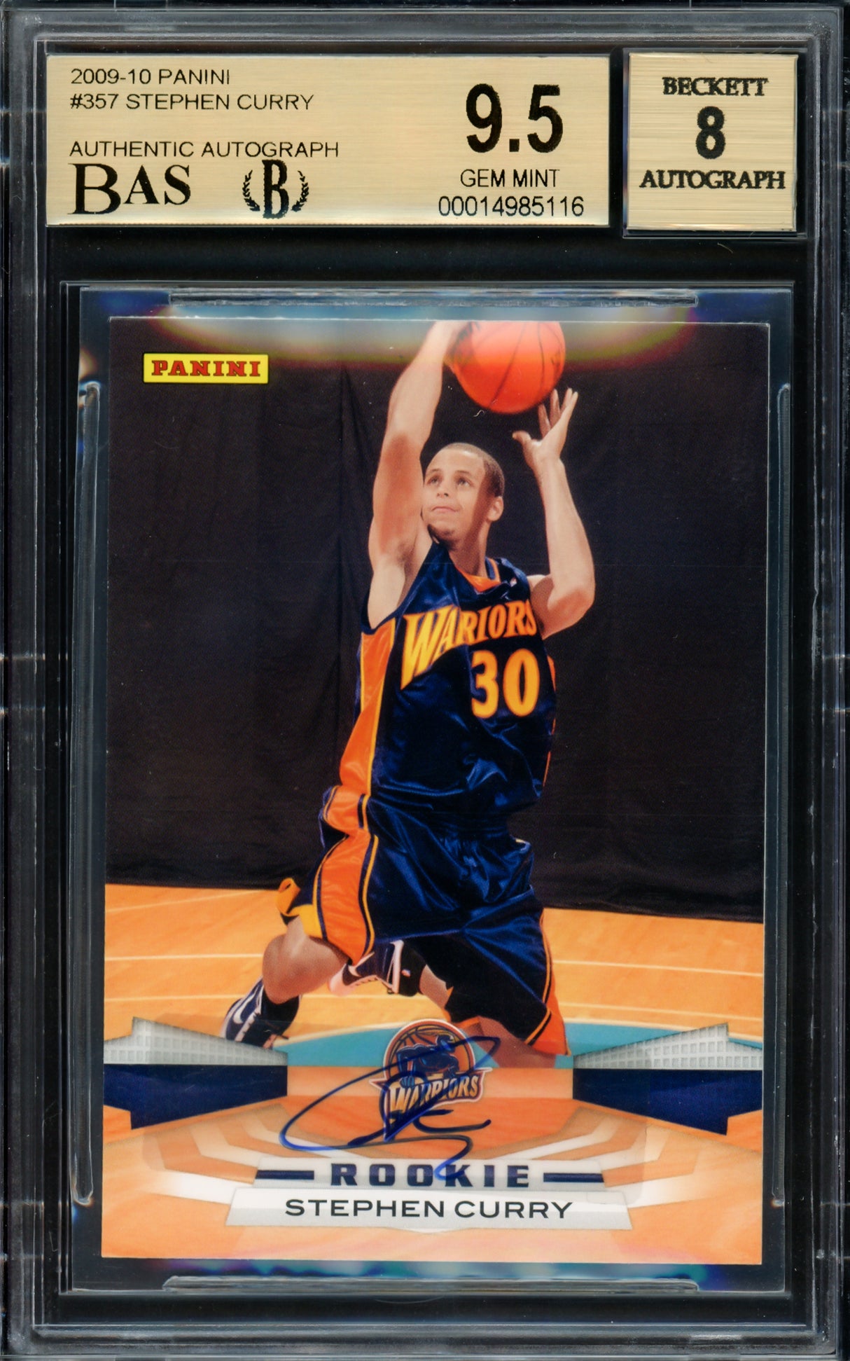 Stephen Curry Autographed 2009-10 Panini Rookie Card #357 Golden State Warriors BGS 9.5 Auto Grade Near Mint/Mint 8 Beckett BAS #14985116