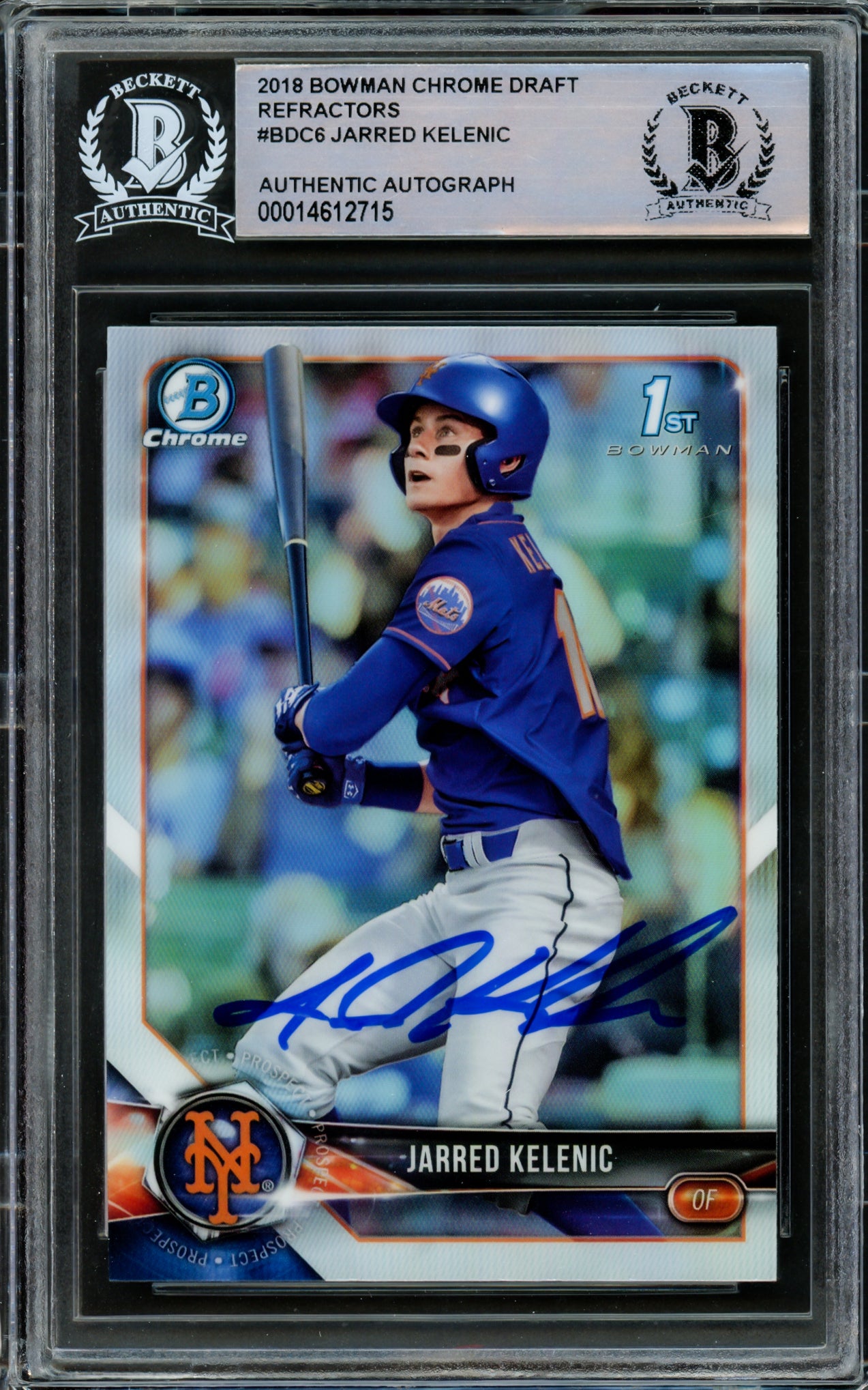 Jarred Kelenic Autographed 2018 Bowman Chrome Draft Refractors Rookie Card #BDC6 Seattle Mariners Beckett BAS #14612715