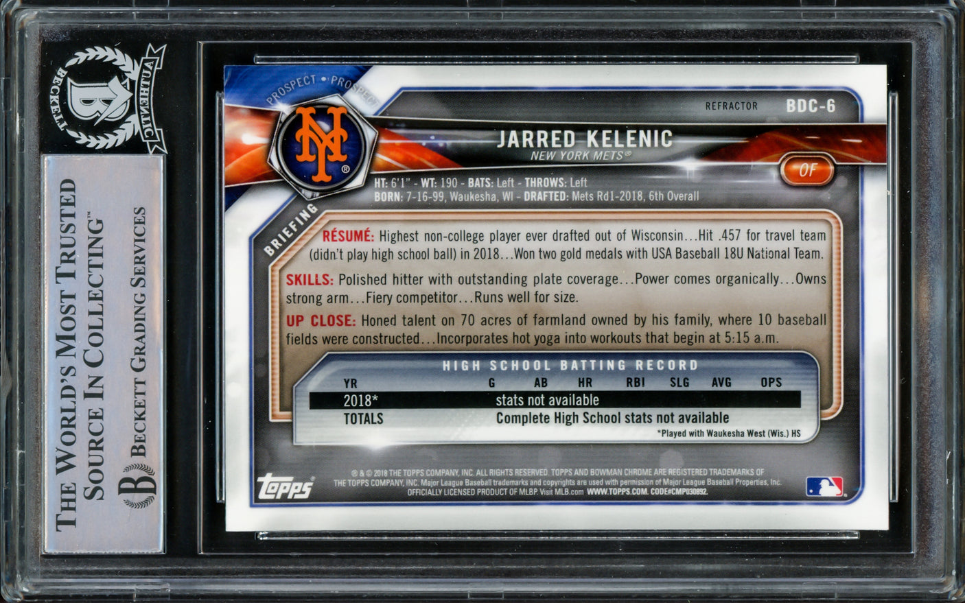 Jarred Kelenic Autographed 2018 Bowman Chrome Draft Refractors Rookie Card #BDC6 Seattle Mariners Beckett BAS #14612715