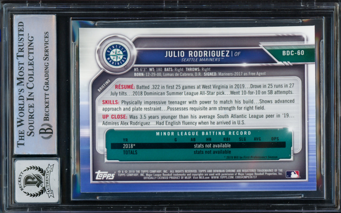 Julio Rodriguez Autographed 2019 Bowman Chrome Draft Rookie Card #BDC60 Seattle Mariners Auto Grade Gem Mint 10 Beckett BAS #14393445