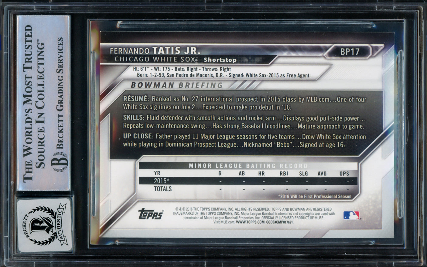 Fernando Tatis Jr. Autographed 2016 Bowman Prospects Rookie Card #BP17 San Diego Padres Auto Grade Mint 9 Beckett BAS #15686333