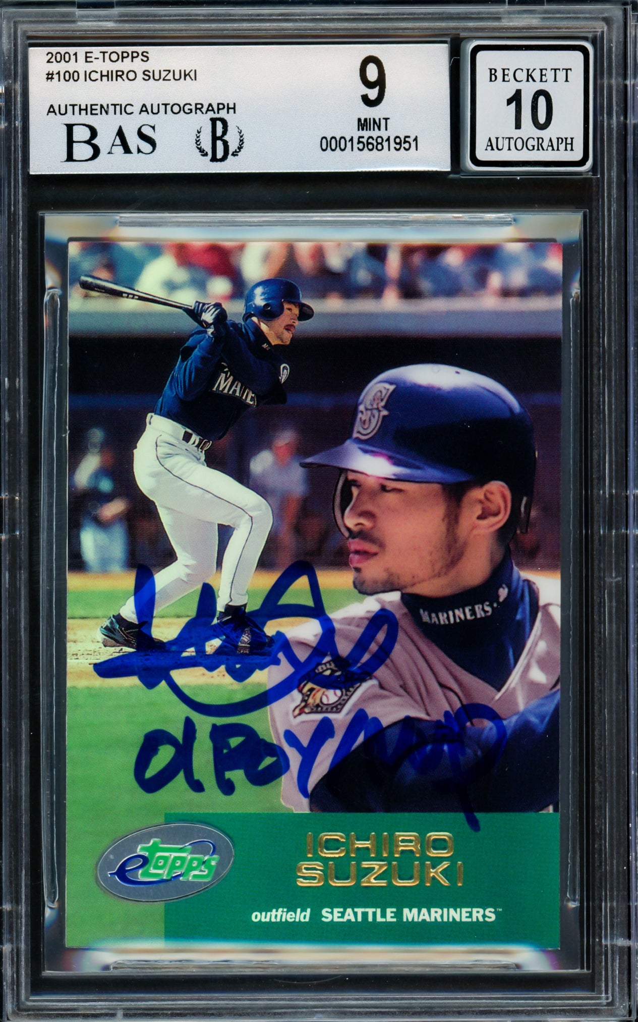 Ichiro Suzuki Autographed 2001 eTopps Rookie Card #100 Seattle Mariners BGS 9 Auto Grade Gem Mint 10 "01 ROY/MVP" Beckett BAS Stock #216432