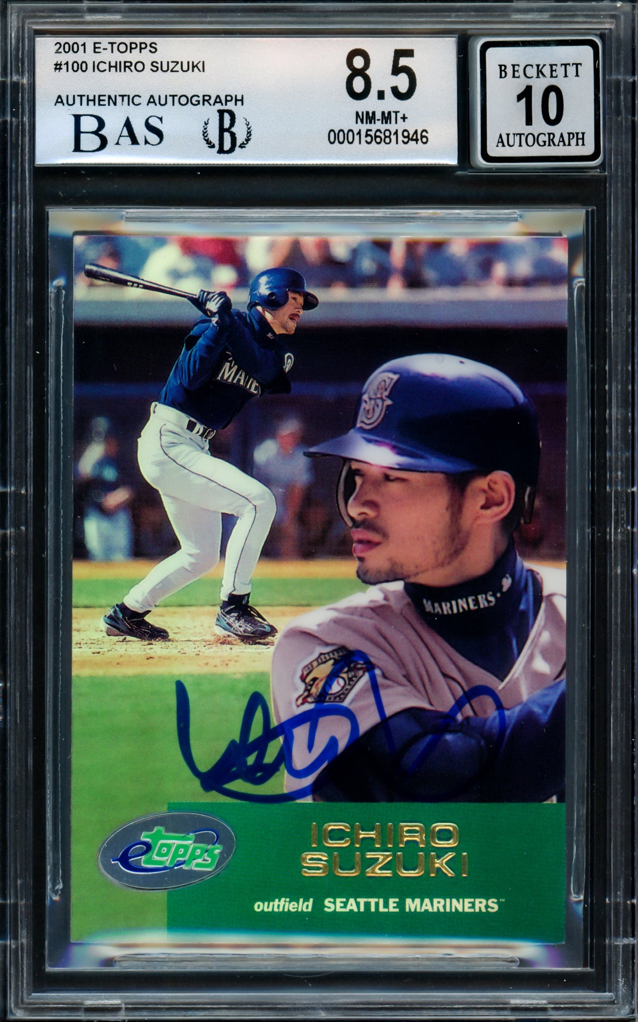 Ichiro Suzuki Autographed 2001 eTopps Rookie Card #100 Seattle Mariners BGS 8.5 Auto Grade Gem Mint 10 Beckett BAS Stock #216434