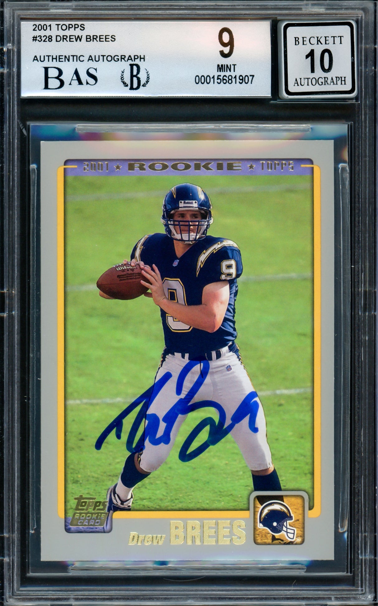 Drew Brees Autographed 2001 Topps Rookie Card #328 San Diego Chargers BGS 9 Auto Grade Gem Mint 10 Beckett BAS Stock #216466