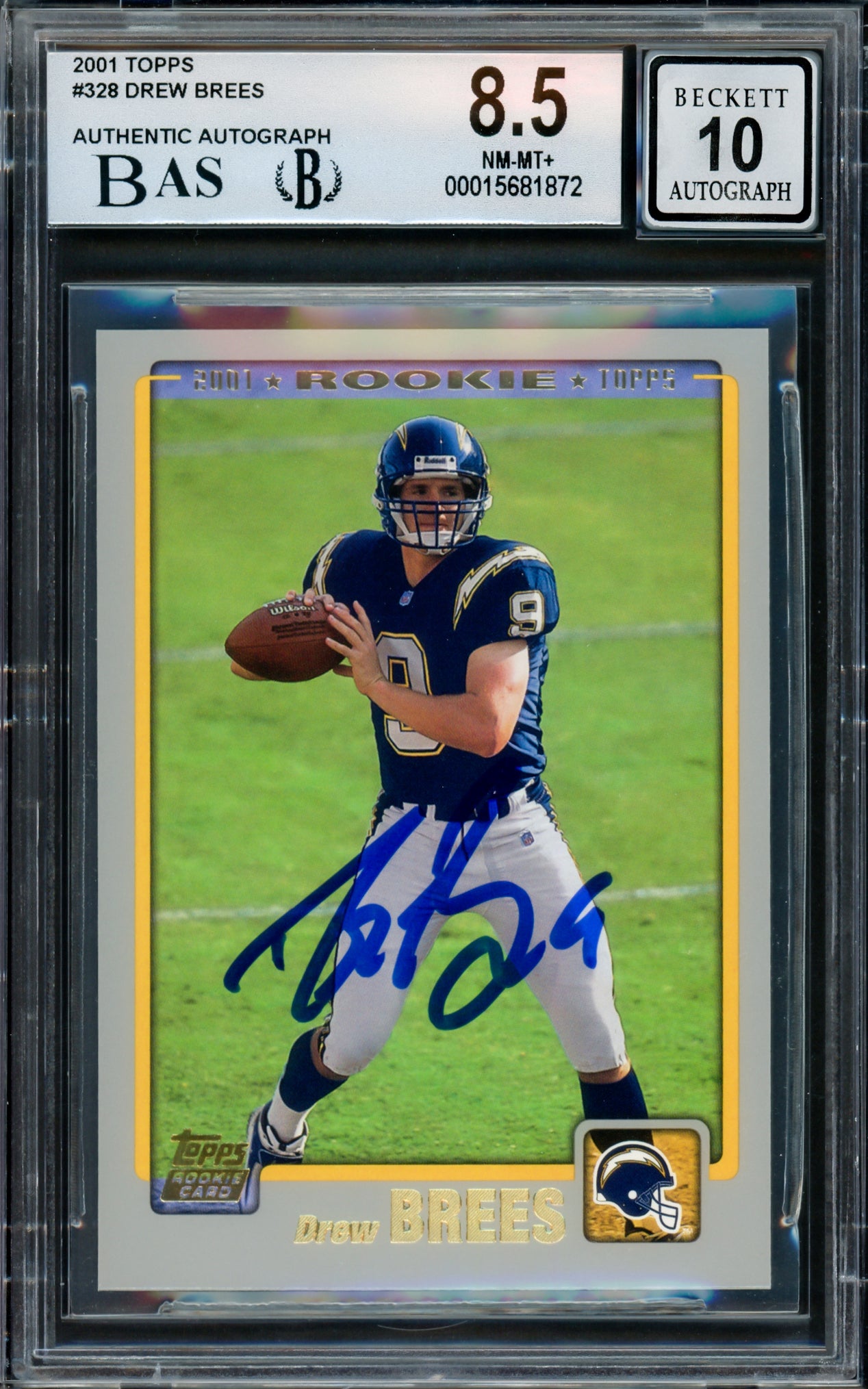 Drew Brees Autographed 2001 Topps Rookie Card #328 San Diego Chargers BGS 8.5 Auto Grade Gem Mint 10 Beckett BAS Stock #216467