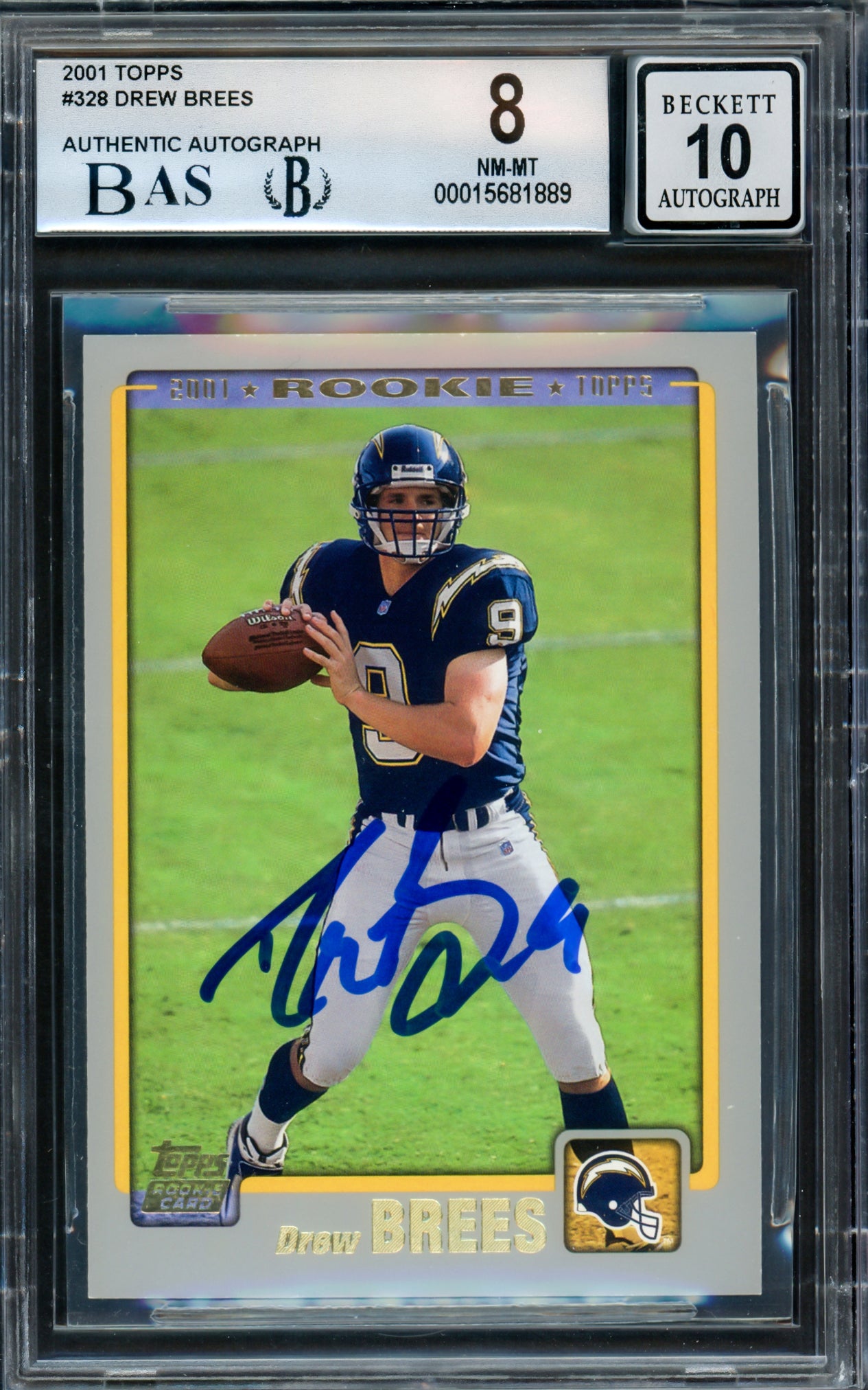 Drew Brees Autographed 2001 Topps Rookie Card #328 San Diego Chargers BGS 8 Auto Grade Gem Mint 10 Beckett BAS Stock #216468