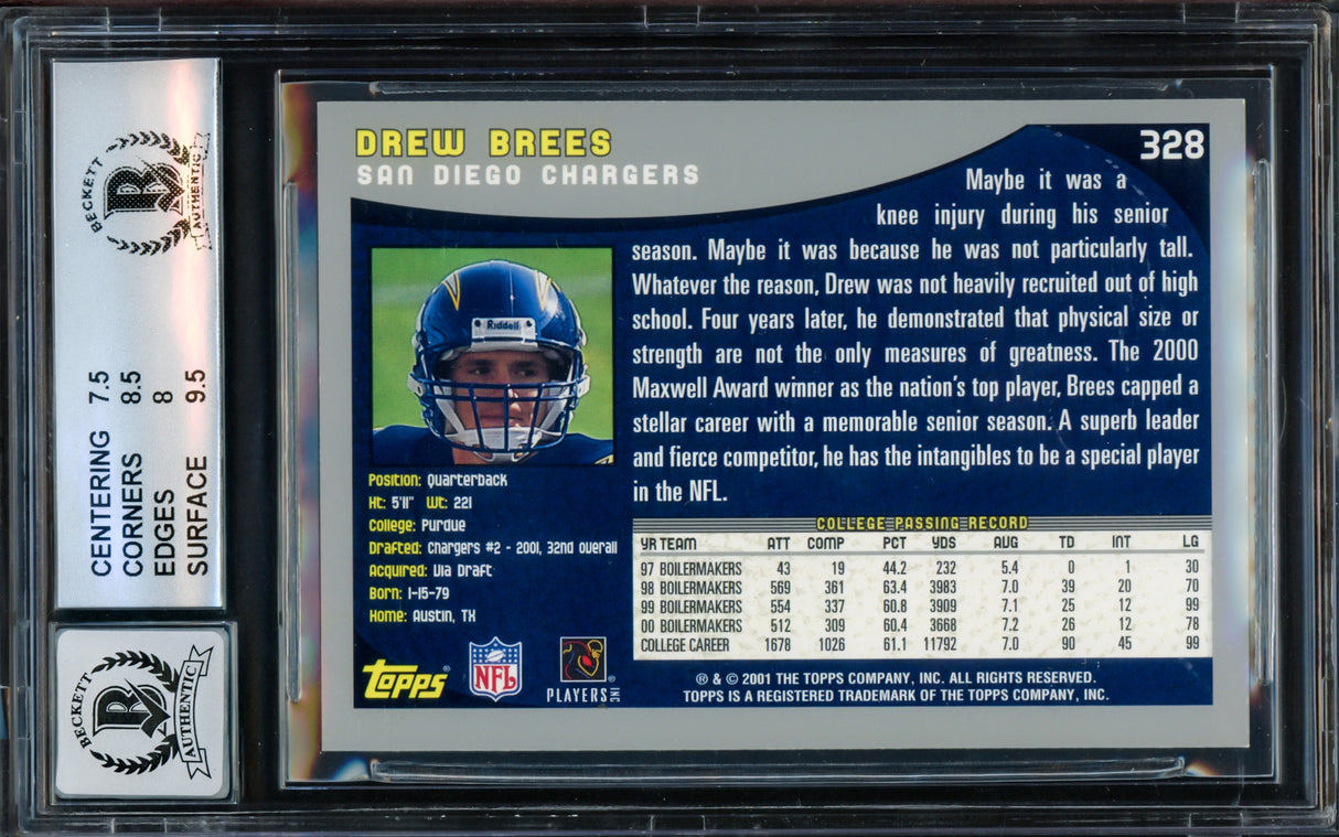 Drew Brees Autographed 2001 Topps Rookie Card #328 San Diego Chargers BGS 8 Auto Grade Gem Mint 10 Beckett BAS Stock #216468