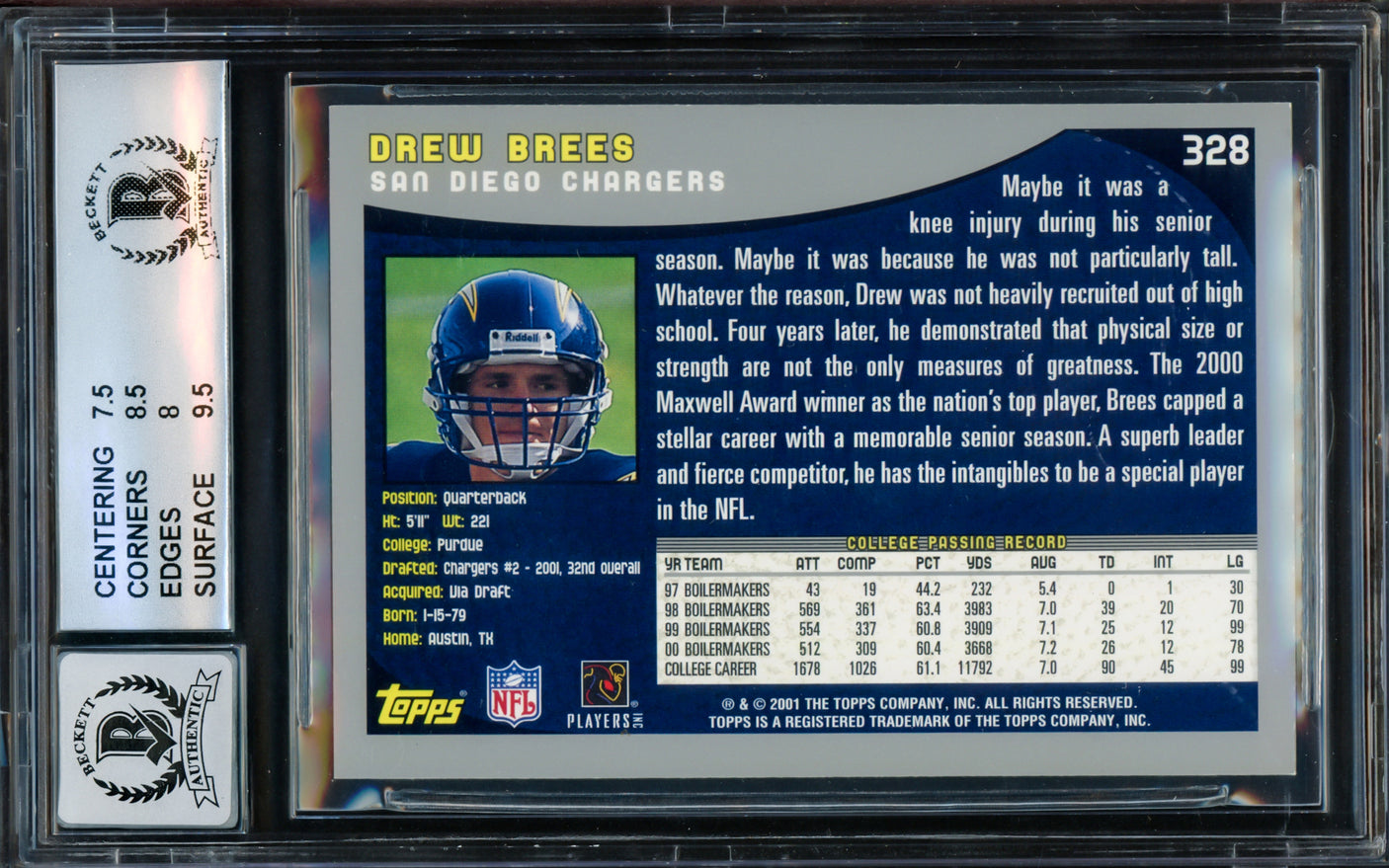 Drew Brees Autographed 2001 Topps Rookie Card #328 San Diego Chargers BGS 8 Auto Grade Gem Mint 10 Beckett BAS Stock #216468