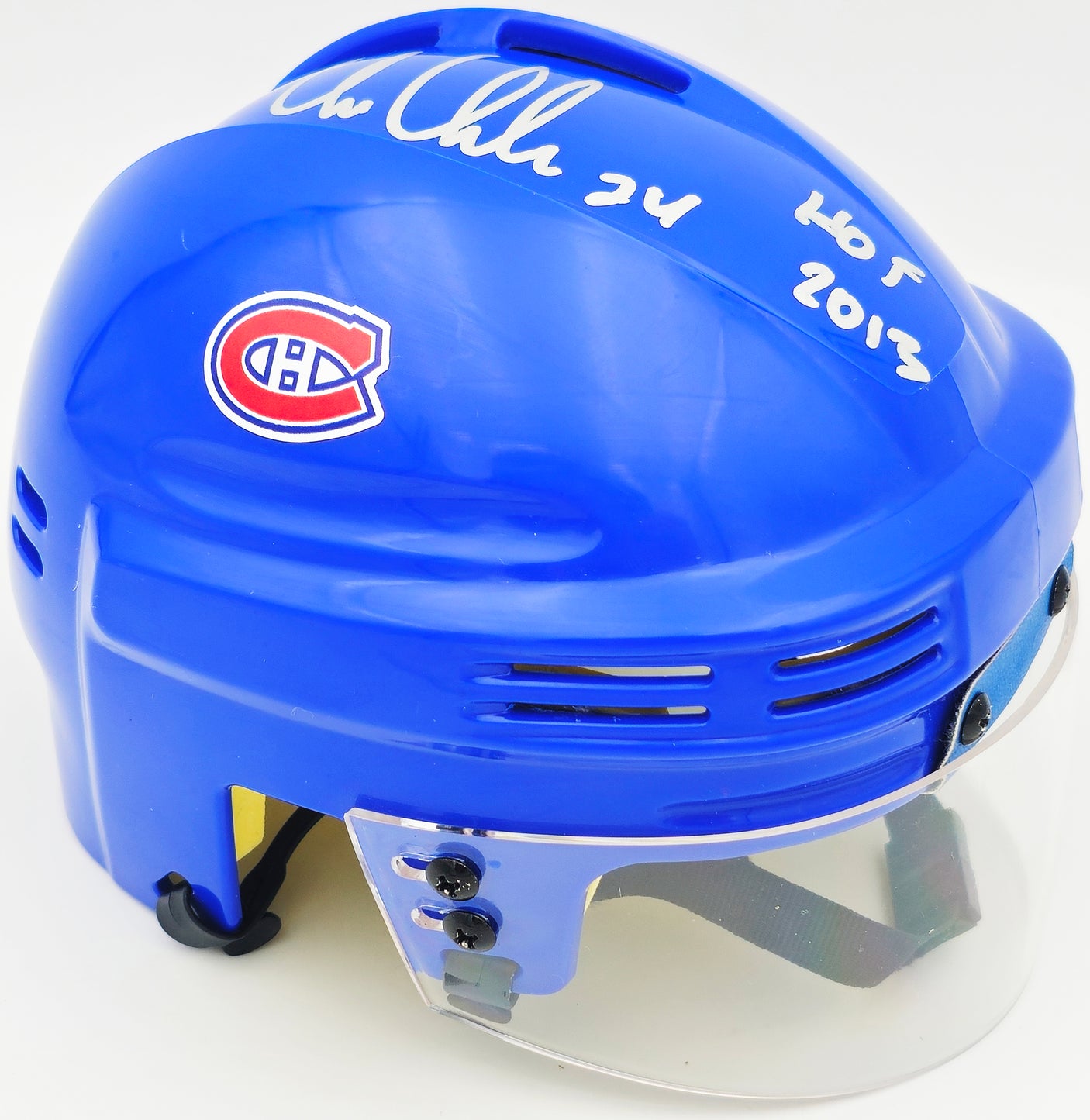 Chris Chelios Autographed Montreal Canadiens Blue Mini Helmet "HOF 2013" Beckett BAS Witness Stock #232839